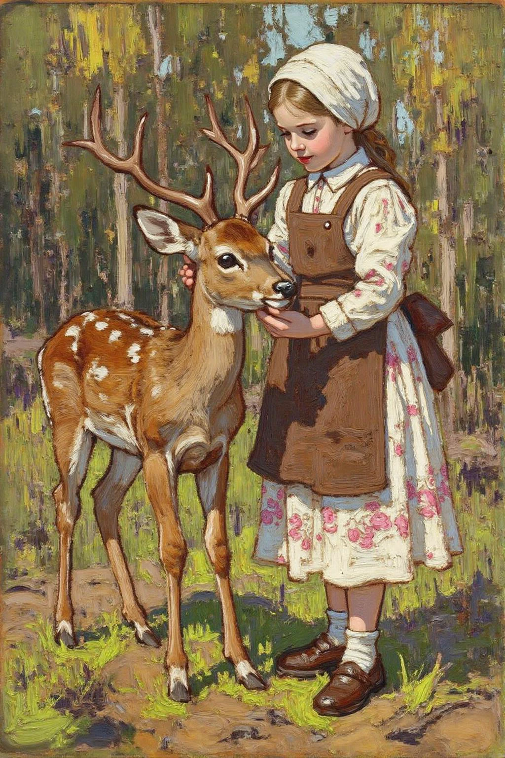 tomthom1 painting. artrack1 illustration.
This image is a detailed, hand-drawn illustration in a style reminiscent of 19th-century watercolor and ink art. It depicts a serene, forest scene with a young girl and a deer. The girl, dressed in a white pinafore dress with a pink floral pattern, a brown apron, and a white headscarf, stands on the right side of the image. She is gently holding a deer's antler, which the deer, a doe, is leaning into, suggesting a moment of interaction or connection. The doe has a soft, brown coat with white spots and is positioned on the left side of the image, standing on a patch of grassy ground.  <lora:tomthom1_cap_d6a3:1.0><lora:815468046157157098:0>