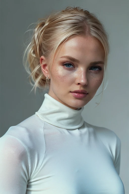 a breathtaking photo of a beautiful woman , <lora:ZiennaZonneV1:1>, blonde hair, tidy hair, hair in tioght ballerina bun, simple background, atmospheric, (simple white background), rich details, realistic, intense, warm colors, enhanced contrast, highly detailed, 8k, 35mm prime lens, ((masterpiece)) award-winning, professional, official balmain editorial, style of Tyler Shields:1.3, 35 mm prime lens, shot on ALEXA65, looking at viewer, posing, dutch angle, close up, wearing a highly detailed black turtleneck sweater:1, detailed skin texture, (blush:0.5), (goosebumps:0.5), subsurface scattering, RAW candid cinema, 16mm, color graded portra 400 film, remarkable color, ultra realistic, textured skin, remarkable detailed pupils, realistic dull skin noise, visible skin detail, skin fuzz, dry skin, shot with cinematic camera