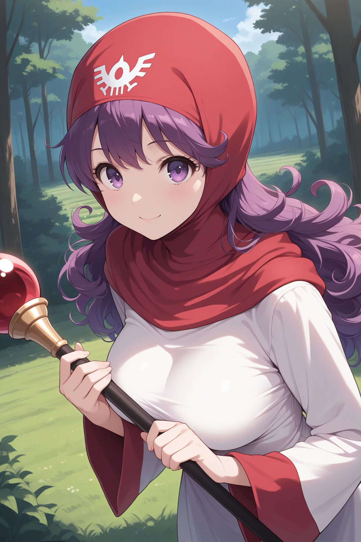 masterpiece, best quality, 1girl, solo,  <lora:dqpom-illu-nvwls-v1-000005:1> dqPom, red hood, hood up, purple hair, curly hair, long hair, white robe, long sleeves, looking at viewer, smile, upper body, forest, blue sky, field, holding staff with both hands, breasts, portrait, from above