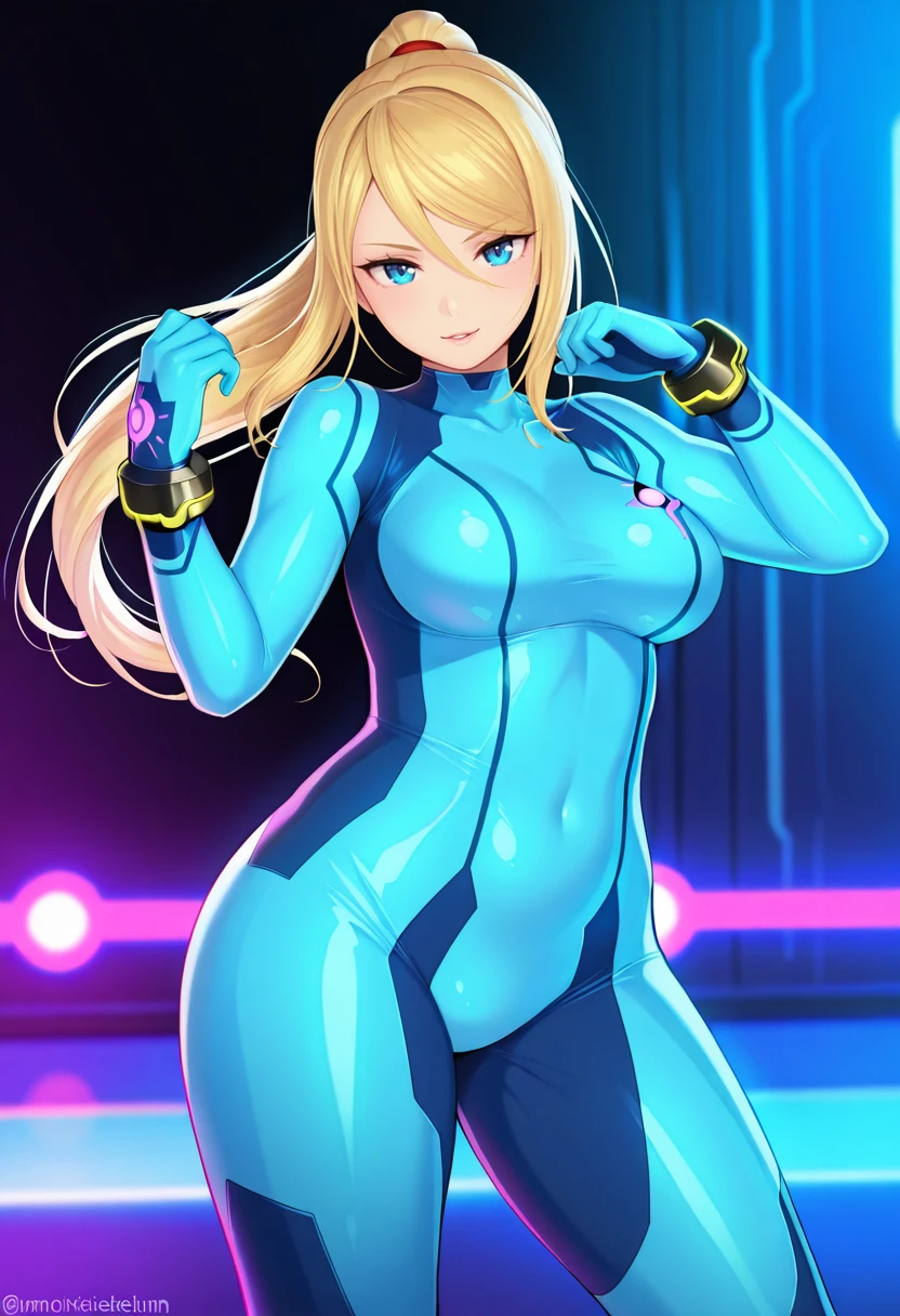 1girl, solo, (Metroid, Zero Suit Samus Aran: 1.3), (Thick Thighs: 1.3), (Thick Calves: 1.3), (Blue Eyes: 1.3), (Slightly Plump: 1.2), petite, Curvy, (Medium breasts: 1.3), (Standing, Dancing, Contrapposto, Dynamic Pose, Seductive Pose, Seductive Expression, legs spread, in a dance club at night surrounded by strobing and neon lights in a digital simulation: 1.3), (From Front: 1.3), Cowboy Shot, Eyes Half Open, Sultry Eyes: 1.3, Dark Lighting, Lowkey Lighting, Dark Colors, highly detailed masterpiece, High_Resolution_Textures, (stunning design:1.2), (stunning concept design), Intricately_Detailed_design, Legendary_masterpiece, Realistic_texturing, ultra_soft_texturing, Complex_texturing, Insanely_Flawless_Details, Legendary_Details, Full_Color_scheme, Detailed_color_scheme, Complex_colors, Complex_details  <lora:Earthbound_-_Kashiwamochi_Yomogi_artist_style_-_IllustriousXL:1>