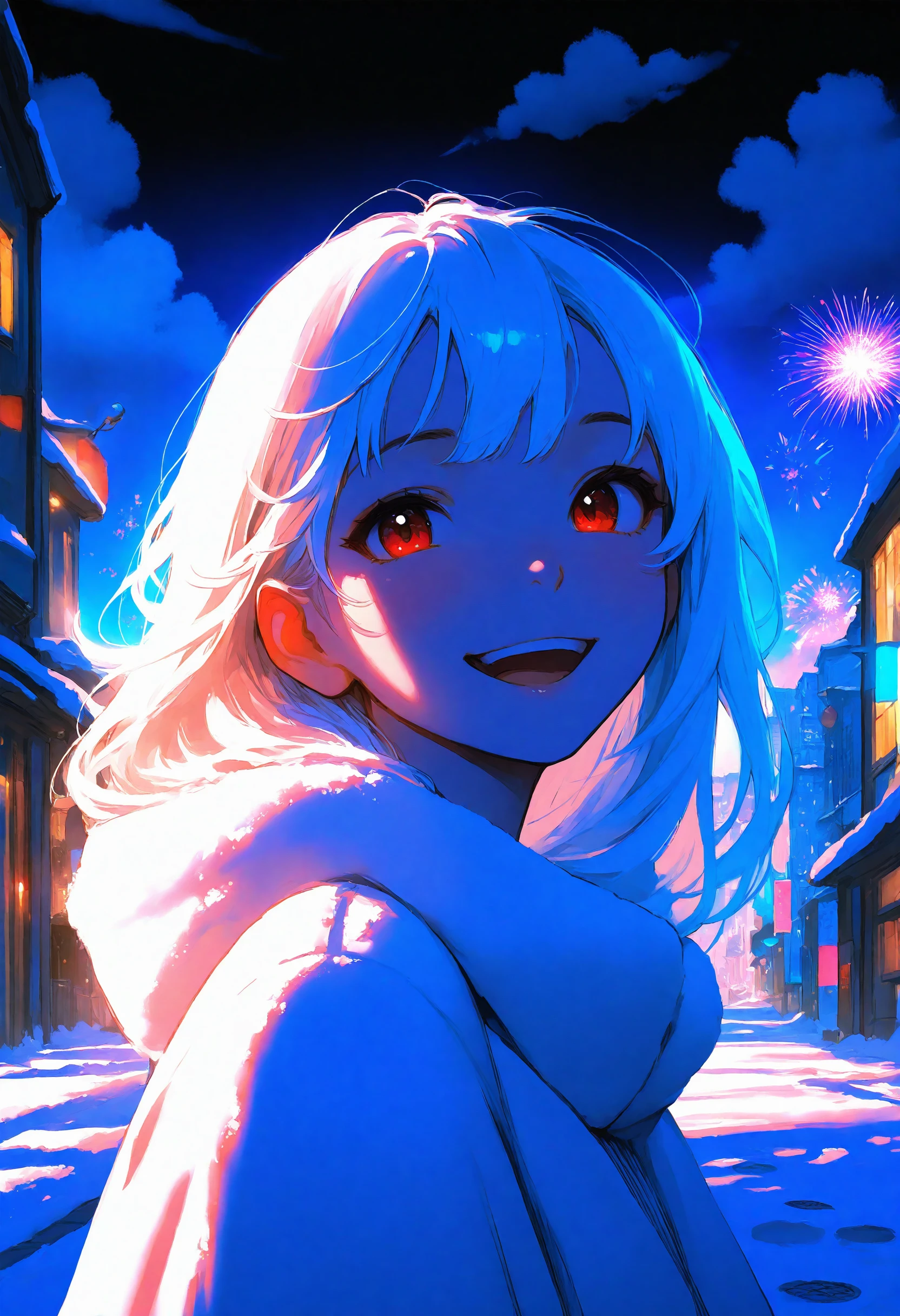 masterpiece, best quality, very aesthetic, 1girl, solo, smile, thin lips, open mouth, upper body, long hair, white hair, red eyes, sidelighting, fireworks, aerial fireworks, night, street, building, city, night sky, cloud, snow, colorful,