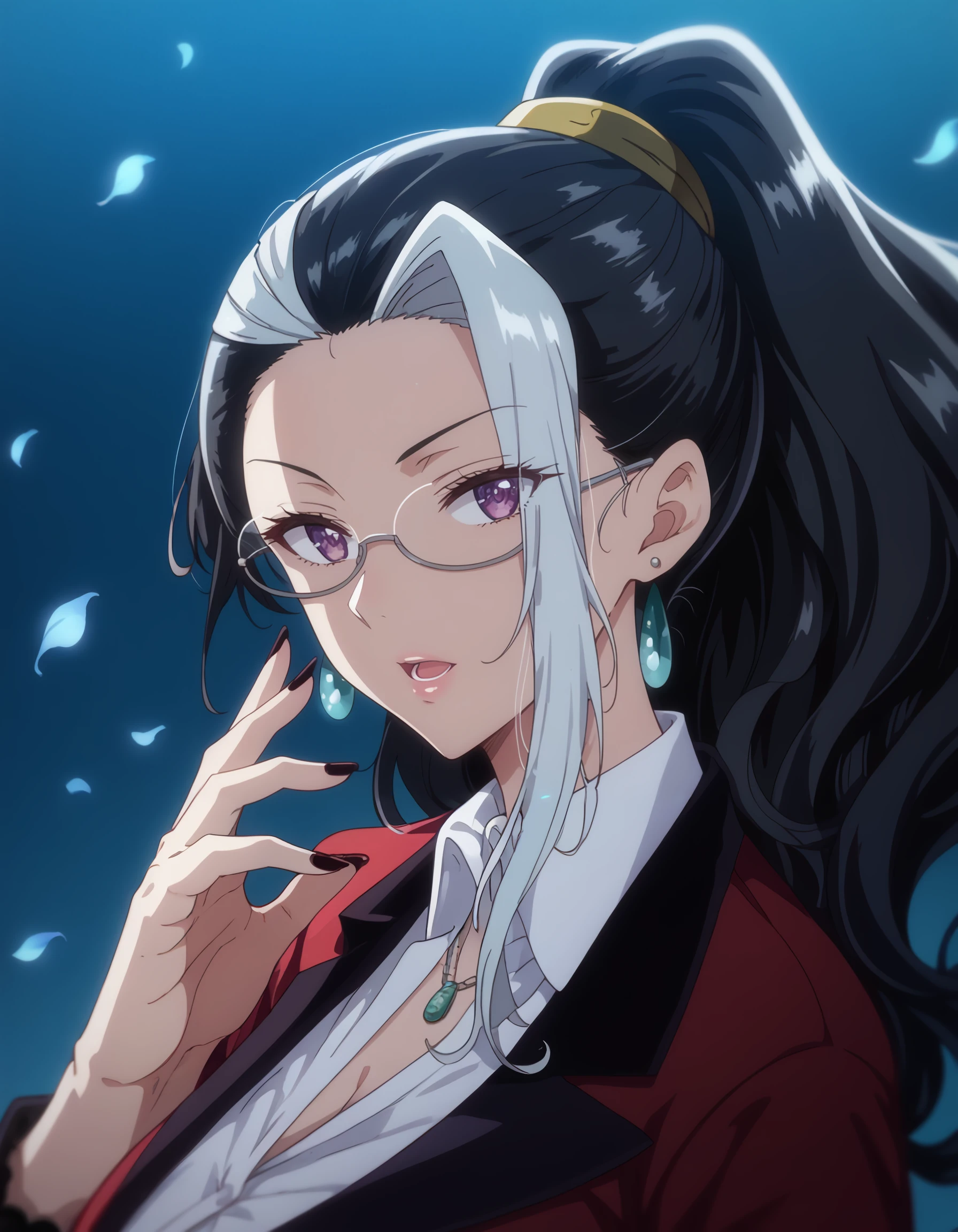 <lora:rikka_sumeragi:1> score_9, score_8_up, score_7_up,source_anime, rating:safe, rikka_sumeragi, black_hair, white_hair, ponytail, multicolored_hair, glasses, long_hair, large_breasts, purple_eyes, jewelry, earrings, nail_polish, thighhighs, huge_breasts, thick_thighs, huge_ass, 1girl, black_nails, blue_background, blurry, buttons, depth_of_field, earrings, glowing, glowing_petals, gradient_background, hand_up, jewelry, looking_at_viewer, nail_polish, open_mouth, petals, sidelocks, solo, stud_earrings, upper_body, white_background, wind, wing_collar, dark, shadow, spotlight, masterpiece, detailed, best_quality
