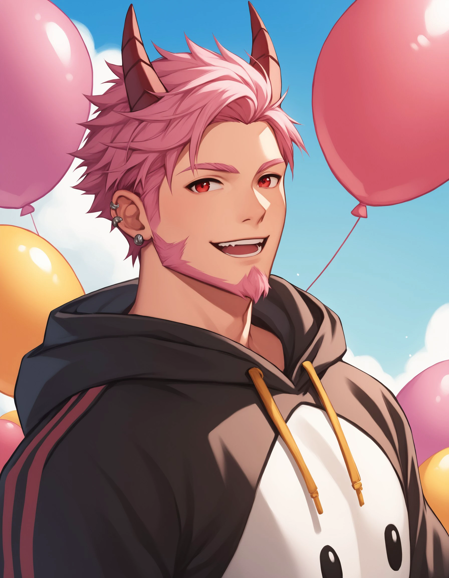 score_9, score_8_up, score_7_up, score_6_up, score_5_up, score_4_up, G3NTL3B34N, 1boy, male focus, horns, facial hair, solo, pink hair, hood, hoodie, animal ears, jewelry, short hair, earrings, balloon, looking at viewer, upper body, piercing, ear piercing, open mouth, smile, goatee, gloves, teeth, red eyes, long sleeves, hood down, sky, beard, <lora:6e105735-83ba-4f0e-9bf0-d07f116e51d9:0.7>