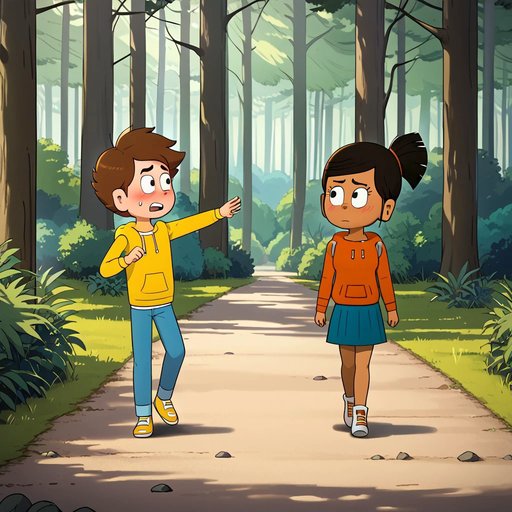 masterpiece, best quality, break, natlika, (1boy, nate, brown hair, shirt, pants), break, (1girl, dark-skinned female, malika, black hair, hoodie, skirt), walking, forest, looking at another, blush