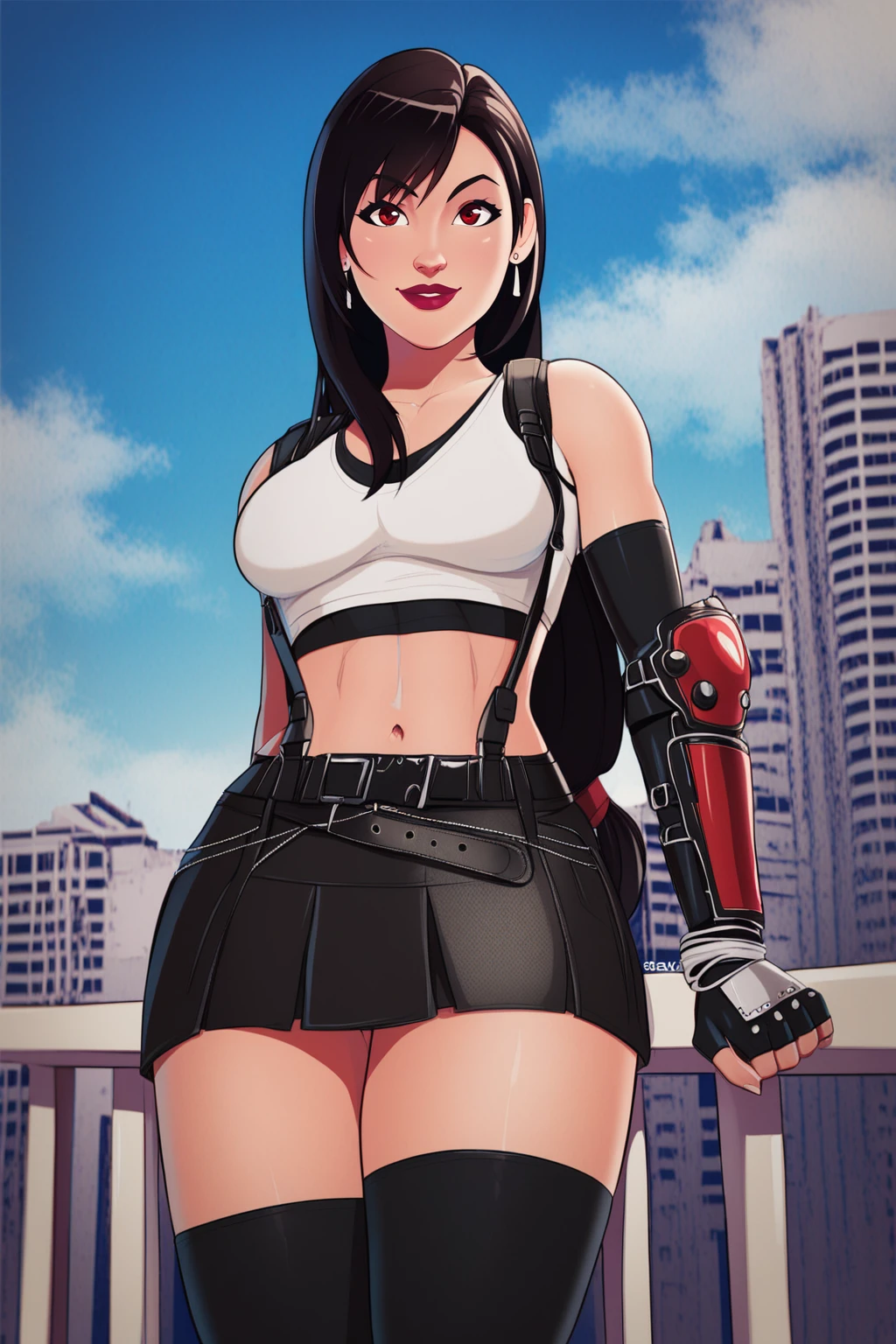 score_9, score_8_up, score_7_up, masterpiece, high quality, extreme detail, absurdres, (detailed skin texture) BREAK
<lora:MyBadBunnyPonyLyco:1>1girl, long hair, lipstick, uncensored, makeup, nose, lips, lipstick, smile, looking at viewer,
<lora:Tifa LockhartPonyLora:1> tfalckhrt, OG, long hair, straight hair, low-tied long hair, swept bangs, dangle earrings, tank top, Sports bra, suspenders, bare shoulders, single arm guards, single elbow pads, elbow gloves, fingerless gloves, belt, midriff, suspender skirt, thighhighs, cowboy shot, city