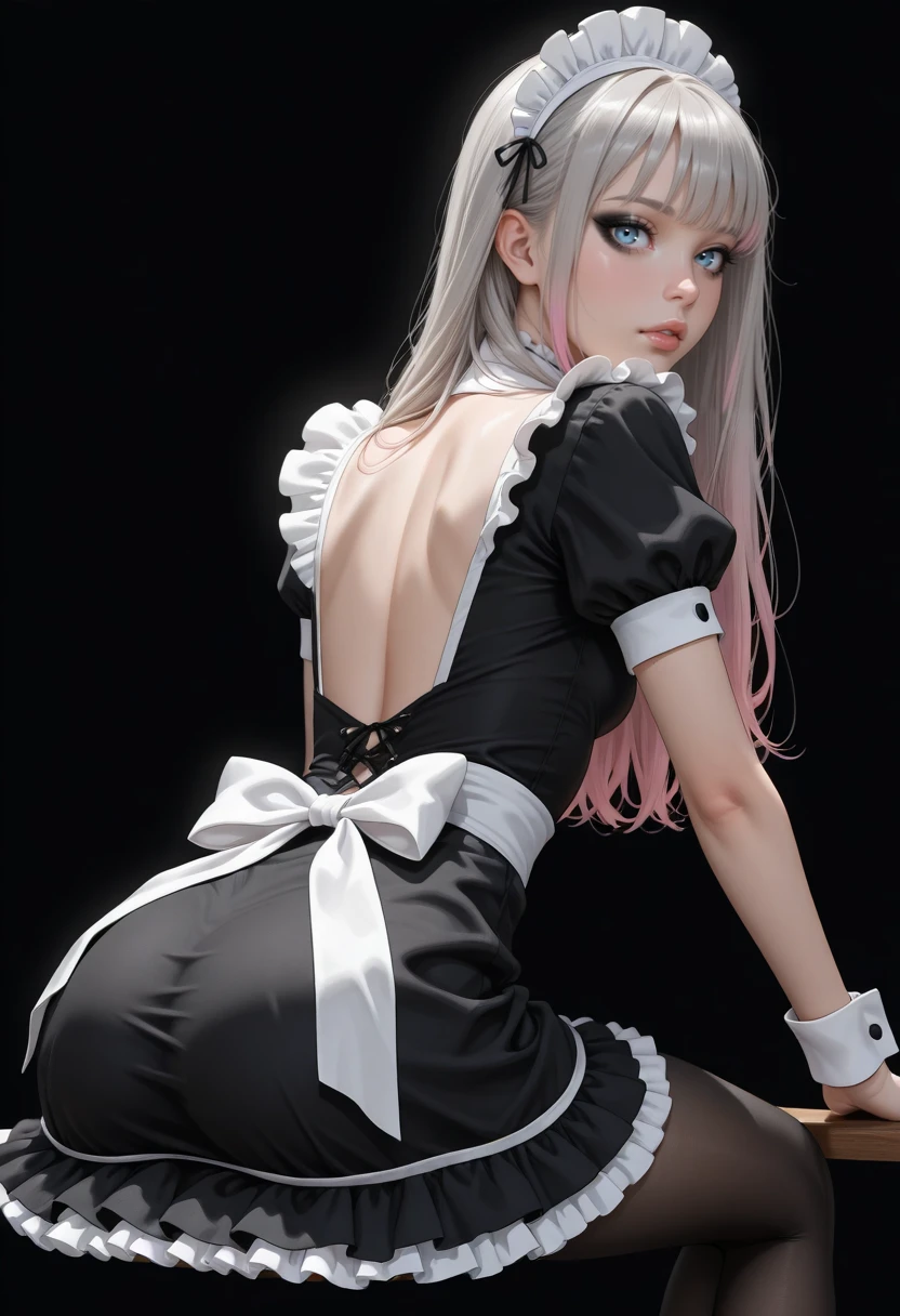 masterpiece, best quality, amazing quality, very aesthetic, detailed eyes, perfect eyes, realistic eyes, 
gray hair, long hair, hair bangs, pink highlights, blue eyes, ((full lips)), (black eyeliner), (mascara), 
slim body, 
small ass, 
medium breast, 
(frills, short dress, black dress, frilled dress, puffy short sleeves, wrist cuffs, black pantyhose, maid dress), 
sitting, leaning forward slightly, back view, looking at viewer, 
black background,