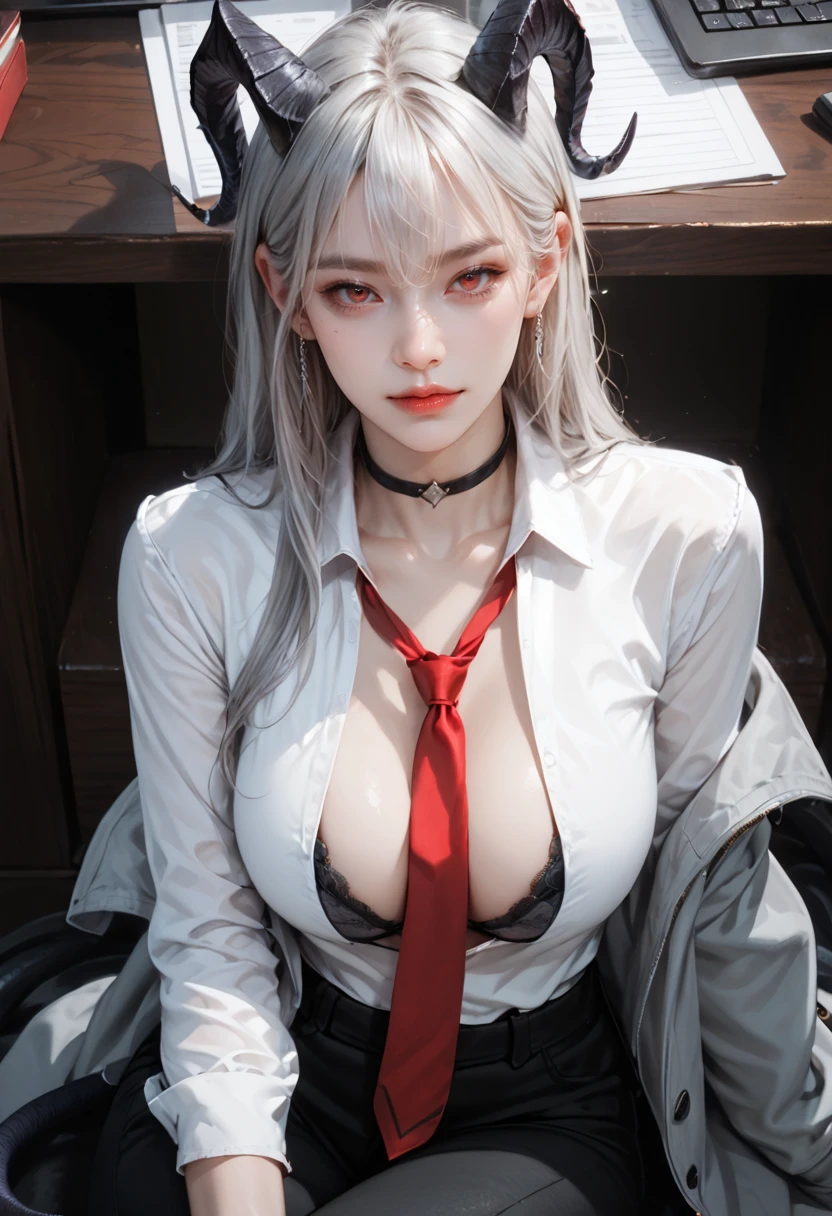 ehaloastyle, <lora:ehaloastyle:0.8>, 1girl,
score_9, score_8_up, score_7_up, score_6_up, looking at viewer, solo, realistic,
<lora:wuwa_zani_illustriousXL:1>, z4ni, demon tail, long hair, multicolored hair, grey hair, hair between eyes, goat horns, demon horns, red eyes, large breasts,
grey coat, coat on shoulders, white shirt, collared shirt, red necktie, long sleeves, black gloves, half gloves, black pants, earrings, black choker,
sitting, crossed legs, open clothes, off shoulders, open shirt, black bra, from above, from side, sitting, office, dark theme