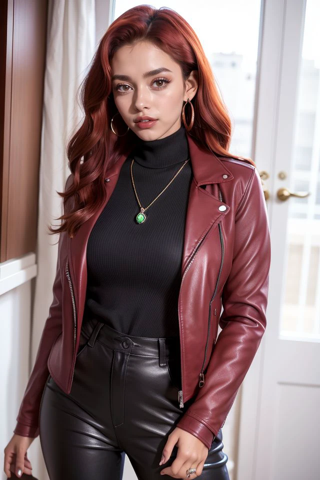 A young Brazilian girl, 19 years old, with voluminous natural red curls framing her face, wearing a small gemstone pendant, medium breasts, dressed in a burgundy faux leather jacket, over a fitted black turtleneck sweater, and black high-waisted trousers, projecting sophistication and strength, bold lipstick adds to the formal, stylish look.<lora:GoodHands-vanilla:1>