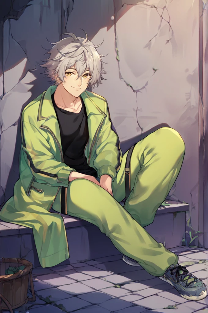 score_9,score_8_up,score_7_up,score_6_up,score_5_up,score_4_up,1boy,Seishi,grey hair,yellow eyes,black shirt,collarbone,green jacket,green pants,sitting,two-tone sneakers,smile,<lora:Seishi_pony:1>,