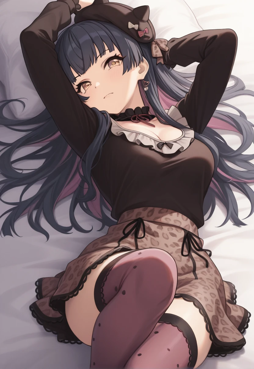 1girl, bangs, black hair, blush, worried eyes, looking at the viewer, white long sleeve shirt, unbuttoned shirt, off shoulders, medium breasts, solo, skirt pulled down, indoors, night, shiny skin, parted lips, beautiful, parfect anatomy, perfect hands, bed, bedroom, lying, relaxing, pillow, blanket, cushion, thigh, indoor, on side, on bed, white bra, white panties
