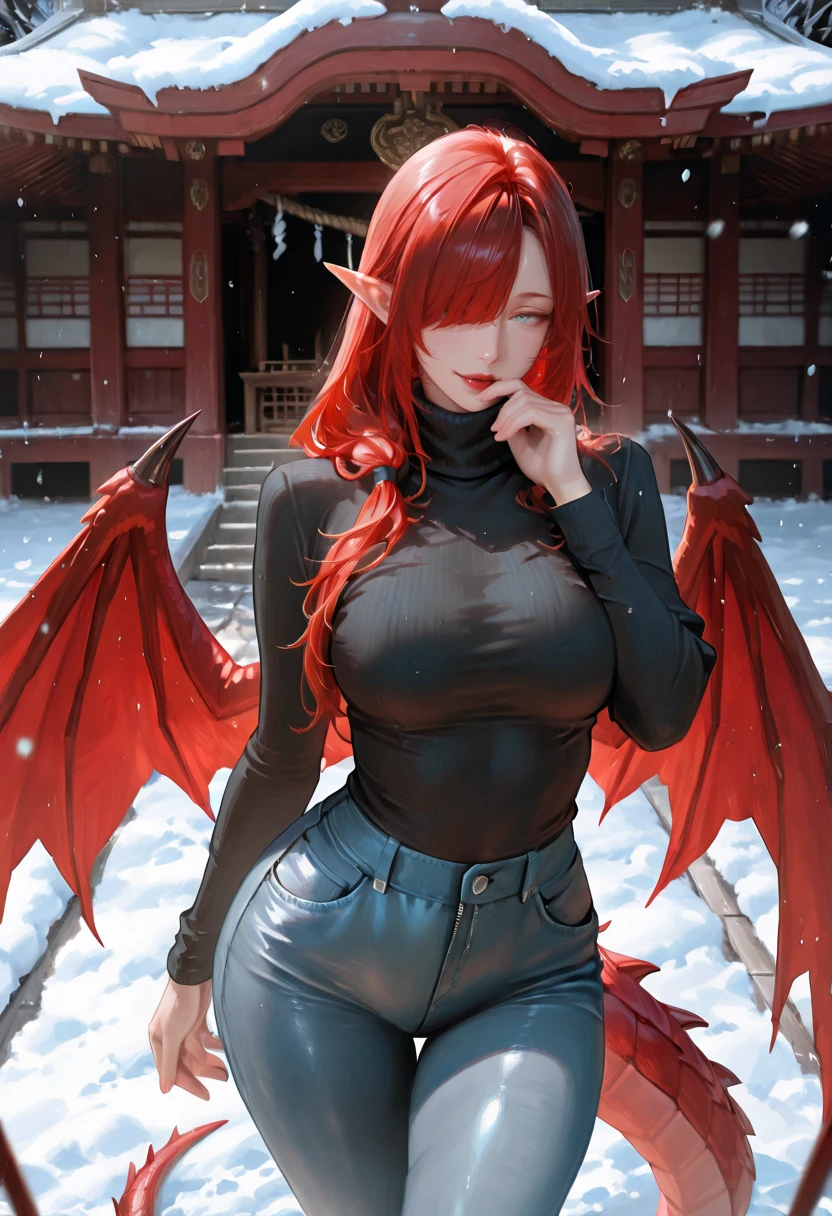 1girl, solo, (Mature, Elf Female: 1.3), (Red Dragon Wings and Red Dragon Tail: 1.3), (Long Red Hair Over One Eye and ears, with long side bangs: 1.5), Tall, Curvy, (Blue Eyes: 1.3), (Red Lipstick: 1.3), (Medium breasts: 1.3), (Black Long sleeve skintight turtleneck sweater: 1.3), (Black Open Unzipped Winter Coat with white fluffy collar: 1.3), (Blue denim skintight jeans: 1.3), (Black Sneakers: 1.3), (Standing, Seductive Pose, hand at mouth, hand resting on chest, at a shrine in japan, snow on the ground, snow falling from the sky at night under dark snow clouds: 1.3), Cowboy Shot: 1.3, Eyes half open, (seductive expression: 1.3), (Looking at VIewer), Dark Lighting, Lowkey Lighting, Dark Colors, highly detailed masterpiece, High_Resolution_Textures, (stunning design:1.2), (stunning concept design), Intricately_Detailed_design, Legendary_masterpiece, Realistic_texturing, ultra_soft_texturing, Complex_texturing, Insanely_Flawless_Details, Legendary_Details, Full_Color_scheme, Detailed_color_scheme, Complex_colors, Complex_details