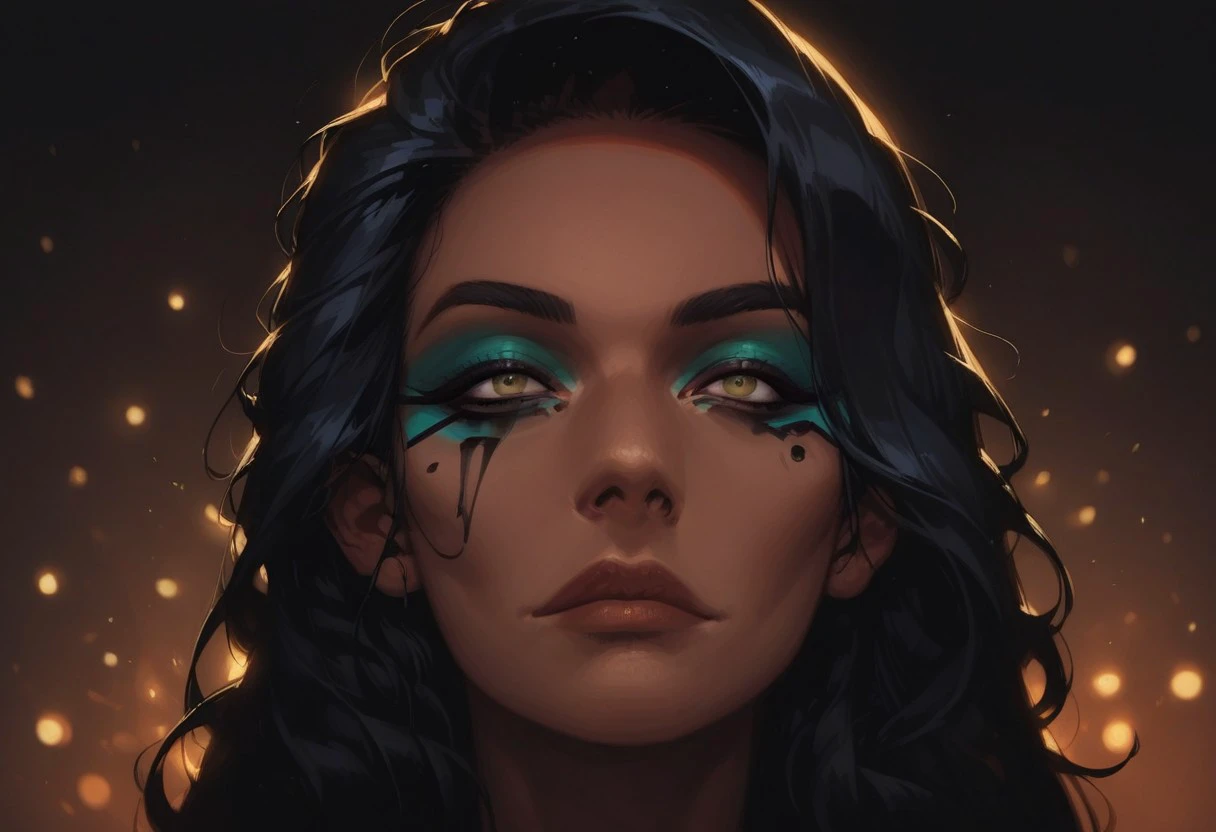 score_9, score_8_up, score_7_up, Neonhades portrait, beautiful, dramatic lights. 1girl. egyptmakeupv2. makeup. eyliner. paintedtoplid.  egyptian, egyptian woman, tanned skin, dark skin, dark skinned female, black hair, long hair