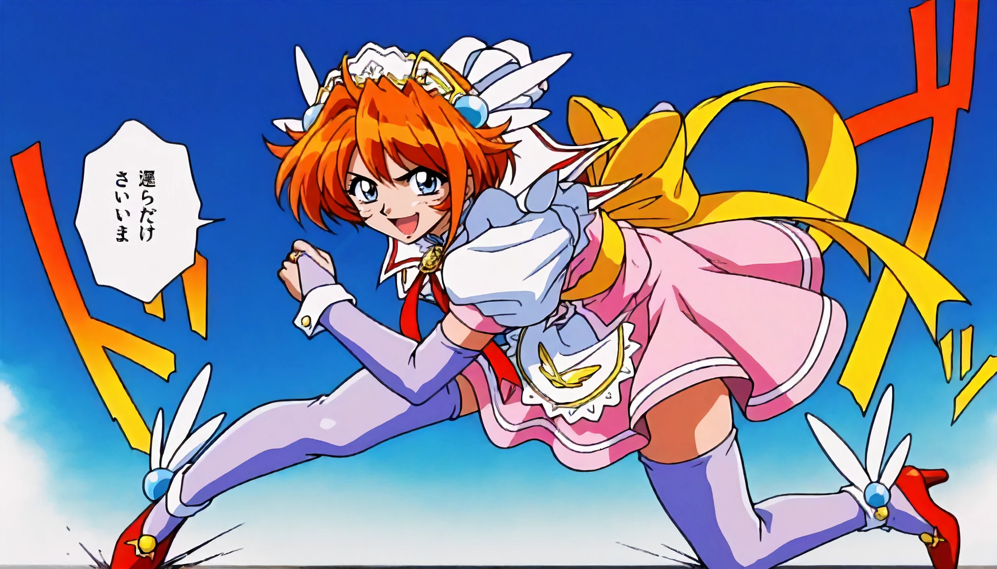 <lora:MC_carmineXLIllustrious001>,
masterpiece,best quality,good quality,newest,
detailed background,blue sky,glitter,
smile,open mouth,
looking at viewer,
solo,
anime coloring,1990s \(style\),
carmine\(magical_canan\),1girl,orange hair,short hair,blue eyes,
headdress,hair_ornament,
shoulder frills,sailor_collar,brooch,ribbon tie,white shirt,pink dress,puffy_sleeves,short_sleeves,yellow sash,ribbon behind the waist,
purple elbow gloves,white cuffs,bridal gauntlets,
pink skirt,apron,
purple_thighhighs,
red high_heels,shoe decoration,
motion_blur,motion line,speed_lines,
speech bubble,sound effects,
fighting_stance,full body,standing,punching,
