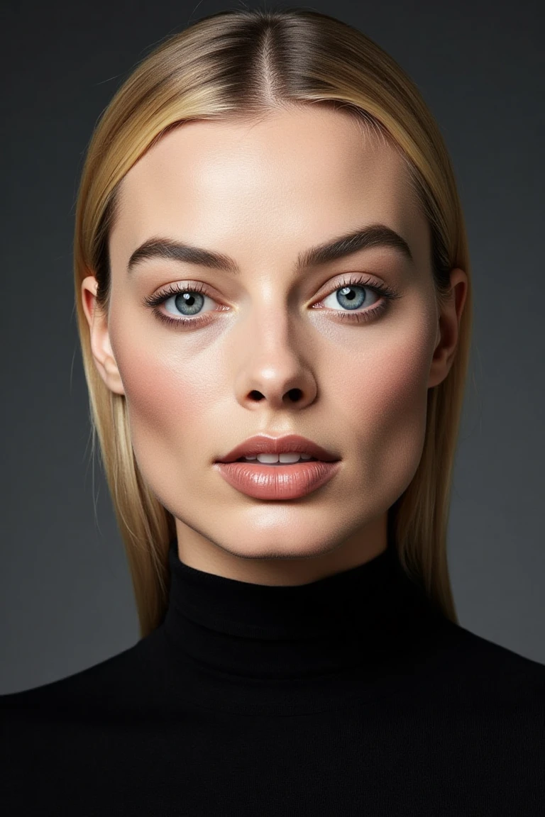 Create a close-up, high-fashion portrait of a blonde woman with striking eyes and a calm, confident expression. Her hair is styled in a sleek manner, revealing her facial features with clarity. She wears a sophisticated black high-collar outfit that exudes elegance and minimalism. The background is a smooth gradient of dark gray, enhancing the overall refined and contemporary aesthetic. The lighting is soft yet directional, highlighting her flawless complexion and subtle makeup, with a focus on her eyes and cheekbones. The mood of the portrait is polished, modern, and artistic.