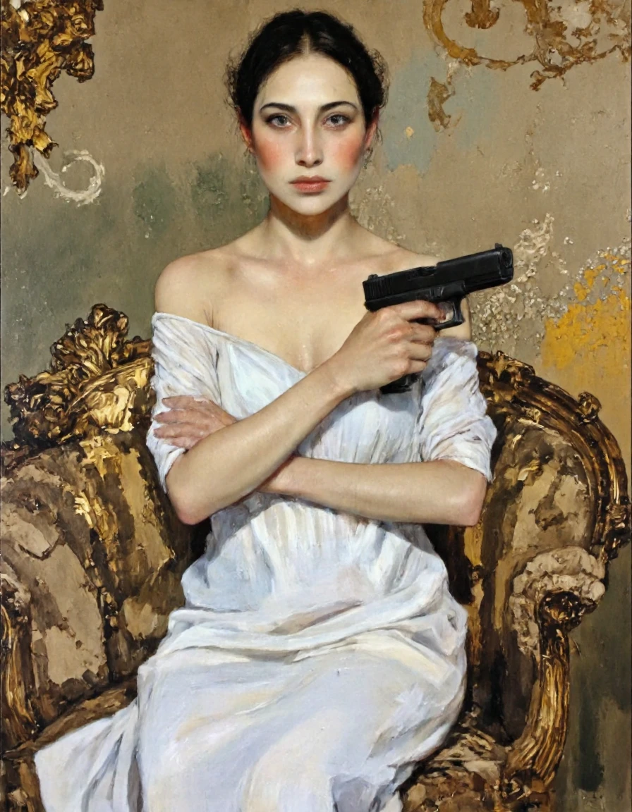 painting in gustavklimt style of
high fashion painting of ClaireForlani, seated, crossed arms, holding G17Model Glock Pistol, golden swirls, gold details, patchwork background,
simple background, by gustav klimt,
extremely detailed,