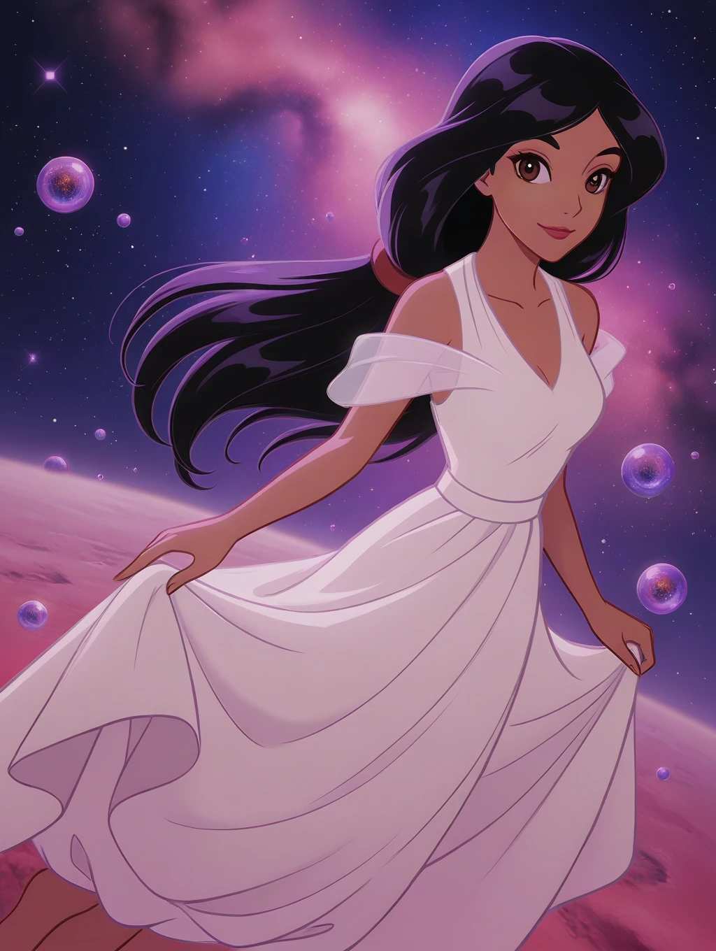 masterpiece, high quality, princess-jasmine, brown eyes, floating, sleeveless flowing white dress, floating in cosmos, cosmic background  <lora:wainsfw-princess-jasmine-200-64:1>