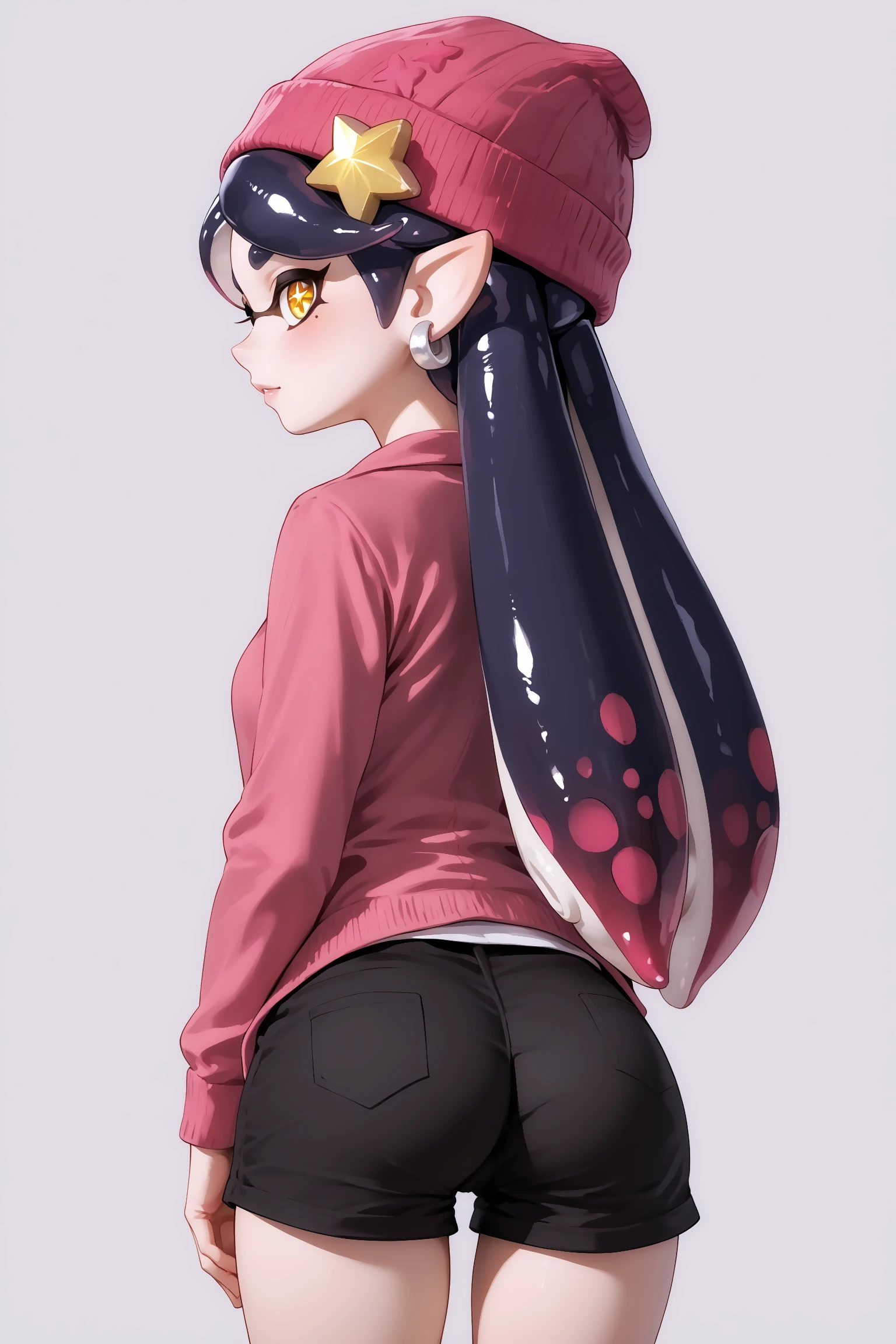 score_9, score_8_up, score_7_up, masterpiece, detailed, 4k, high quality, best quality, imtdcasualcall, 19 years old, from behind, 1girl, pointy ears, tentacle hair, long hair, mode under eye, earrings, beanie, hat, + +, shirt, shorts, jacket, star (symbol) on beanie, star hat ornament, yellow eyes, shirt, long sleeves, symbol-shaped pupils, ass, simple background
