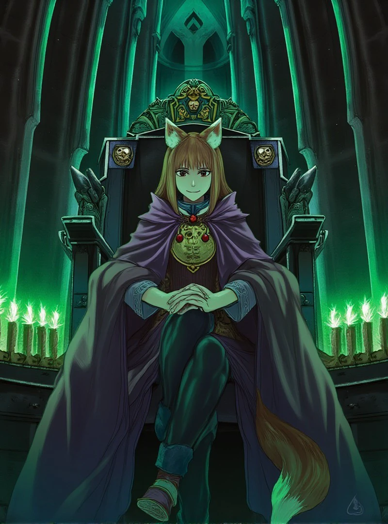 <lora:holo-the-wise-flux:1> Holo
Holo is depicted on the bridge of a massive gothic starship, majestic and foreboding, in the style of Warhammer 40,000. She wears opulent and intricately detailed attire reminiscent of an Imperium high officer’s uniform. She is draped in a long purple cloak with golden embroidery, featuring a high collar and massive pauldrons adorned with engravings and inlays of wheat stalks and apples, symbolizing her connection to nature. Her chest plate gleams with golden accents, and her belt is decorated with miniature chains and relics. She has a wolf tail and wolf  ears
Holo sits upon the captain’s throne, made of black metal with gothic carvings and skull motifs, symbolizing power and authority. Her posture is relaxed yet commanding: her fingers are intertwined, and her gaze is fixed on the bulky monitors before her. The monitors emit a dim green glow of interface data and chaotic signals, illuminating the bridge with an eerie light. Rows of candles stand atop the monitors, their flames flickering with the ship’s subtle vibrations, adding to the mystical ambiance.
The bridge’s background is gothic in style, featuring massive columns, arches, and stained-glass windows, through which the faint light of distant stars shines. The metal walls are adorned with etched runes and bas-reliefs depicting scenes of battles and holy deeds. The air is thick with faint smoke from the candles, enhancing the atmosphere of mystery and reverence.