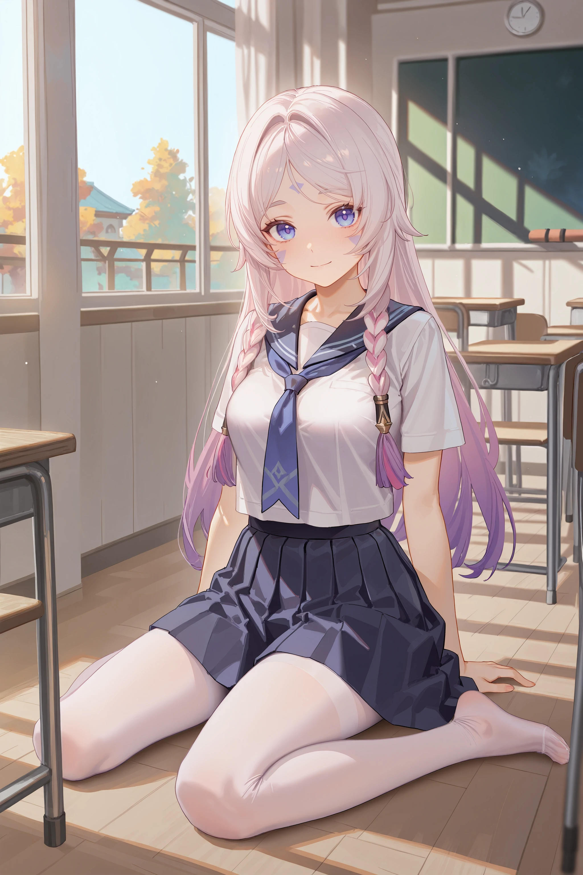 1girl, citlali \(genshin impact\), facial mark, solo, serafuku, sailor collar, pleated skirt,  pantyhose, no shoes, looking at viewer, light smile, full body, sitting, wariza, classroom, indoors, depth of field , <lora:Char-Genshin-Citlali-V1-IL:0.9:hr=0.4>, ciloranko, alphonse \(white datura\), ask \(askzy\), gomzi, you shimizu
masterpiece, best quality, amazing quality, very aesthetic, absurdres,  newest, (scenery, volumetric lighting)