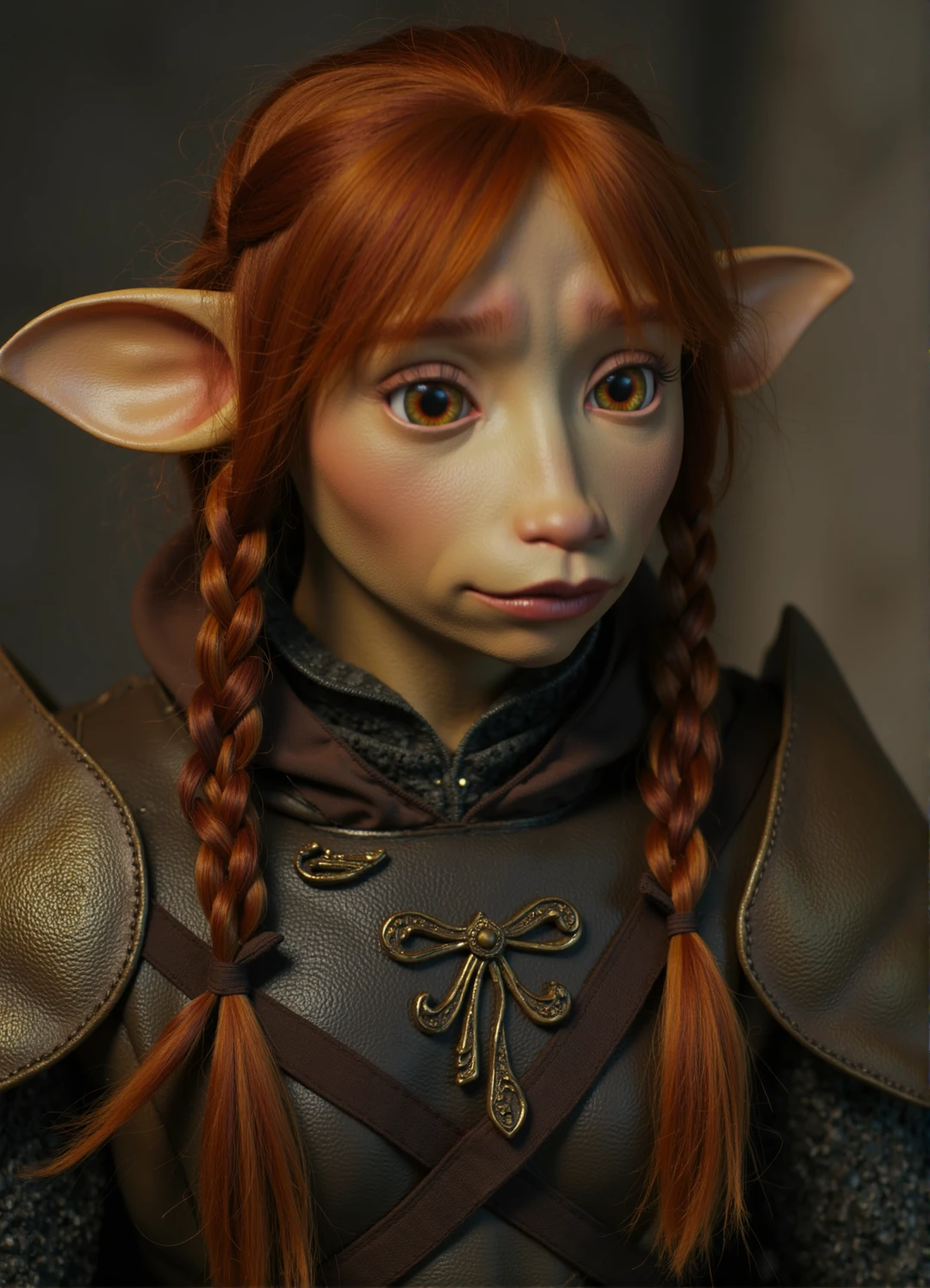 8k cinematic portrait of a female gelfling with large ears and large round eyes, red hair in two short side pigtails, wearing medieval chainmail armor under a ragged old robe