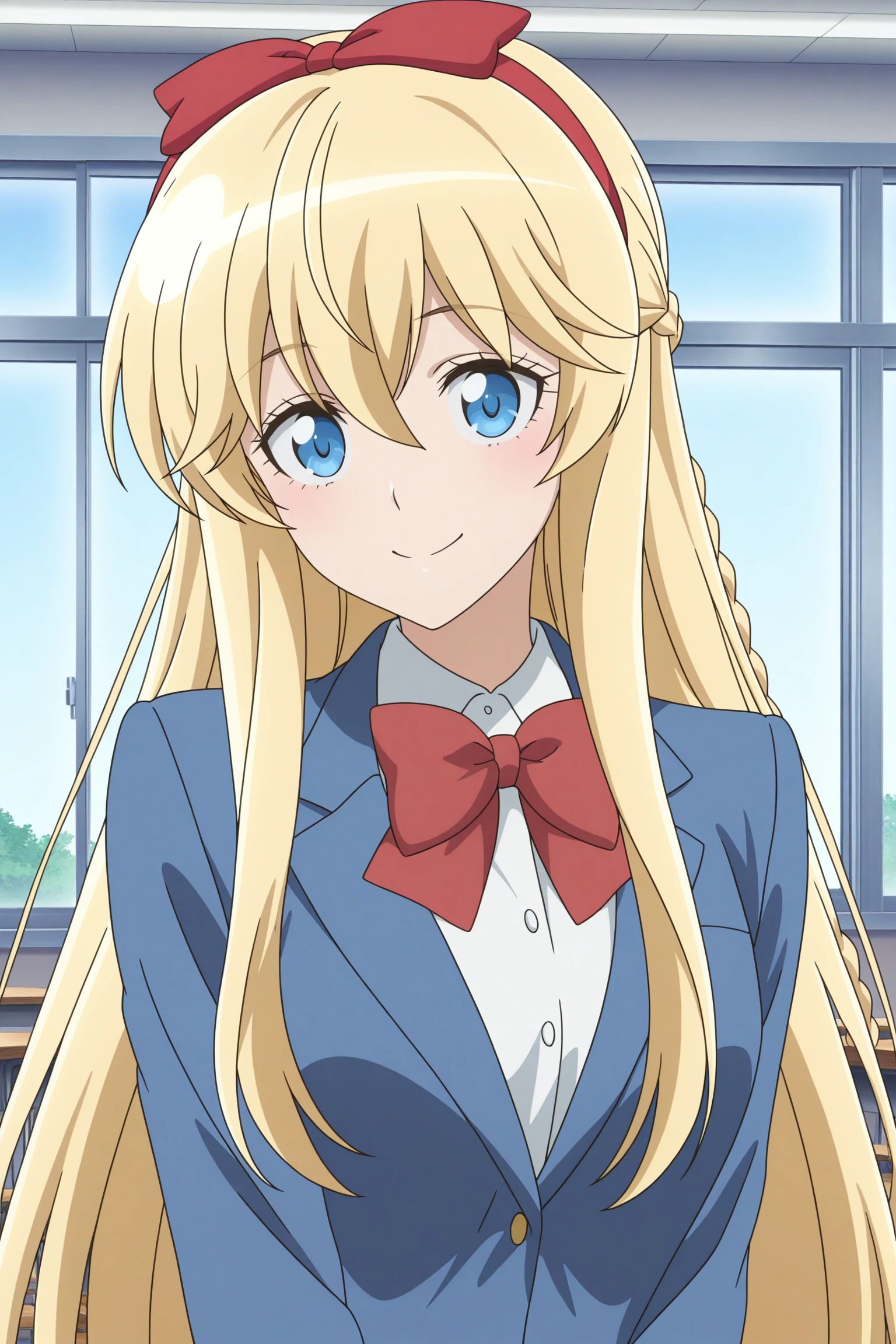 masterpiece, best quality, amazing quality, highres, absurdres, very aesthetic, high resolution, ultra detailed, perfect details, 1girl, solo, indoors, classroom, day, emilia, blonde hair, very long hair, long braid, half up braid, bow hairband, blue eyes, long sleeves, blue jacket, red bowtie, white shirt, collared shirt, grey skirt, plaid skirt, pleated skirt, white pantyhose, loafers, <lora:Emilia_ILXL:0.8>, (aged up:1.2), (upper body:1.4), anime coloring, anime screencap, looking at viewer, (pose:1.2), smile