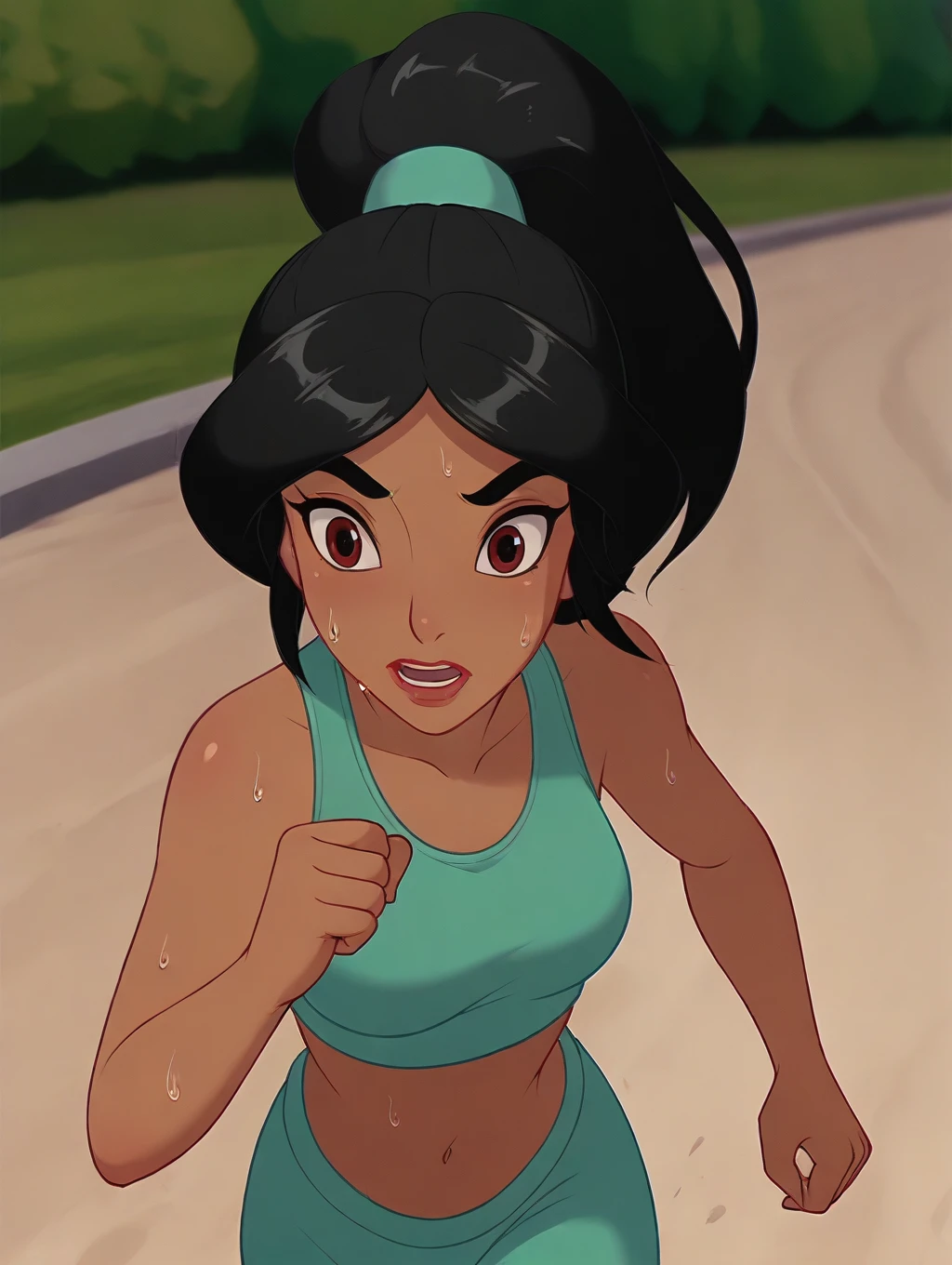 masterpiece, high quality, princess-jasmine, jogging, green sports top, ponytail, sweat, sunny, walking path, outdoors <lora:wainsfw-princess-jasmine-200-64:1.1>