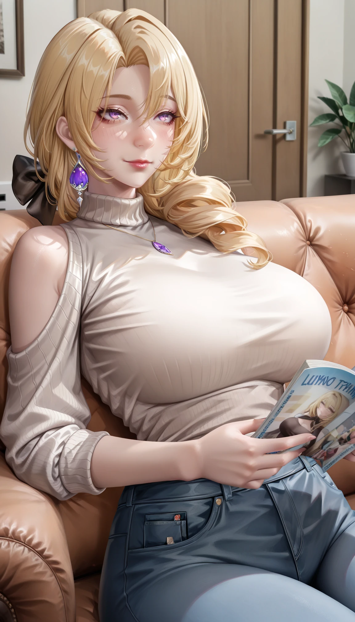 masterpiece, best quality, high resolution, absurdres, newest, (mature female:1.2), 
<lora:CocoliaRand_Illu_Dwnsty:0.7>, cocoliarand, purple eyes, blonde hair, long hair, drill hair, hair ribbon, jewelry, single earring, turtleneck sweater, beige sweater, denim, jeans, 
breasts, (lips), extremely detailed eyes, looking ahead, light smile, 
indoors, living room, couch, on couch, holding magazine, reading,
BREAK masterpiece, best quality, very aestethic, high resolution, ultra-detailed, absurdres, newest, face, nose, detailed foreground, face focus, fair skin, detailed background,