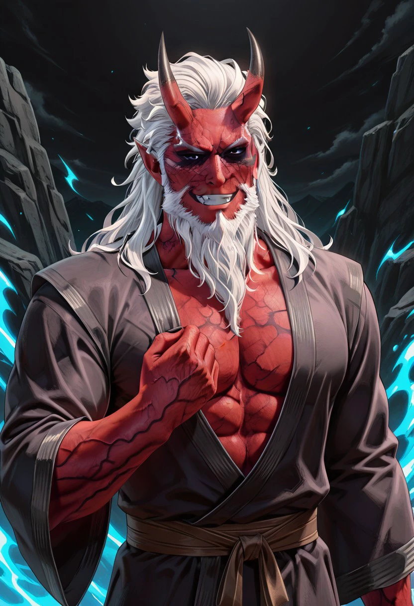 masterpiece, best quality, newest, absurdres, highres,  anime, anime style, Partial-illithid-BG3 veins, dark purple veins, 1boy, demon, demon boy, red skin, red colored skin, white hair, horns, oni horns, massive horns, oni, muscular male, monster boy, monster, muscular, black robe, black eyes, manly, beard, long beard, smile, grin, evil grin,