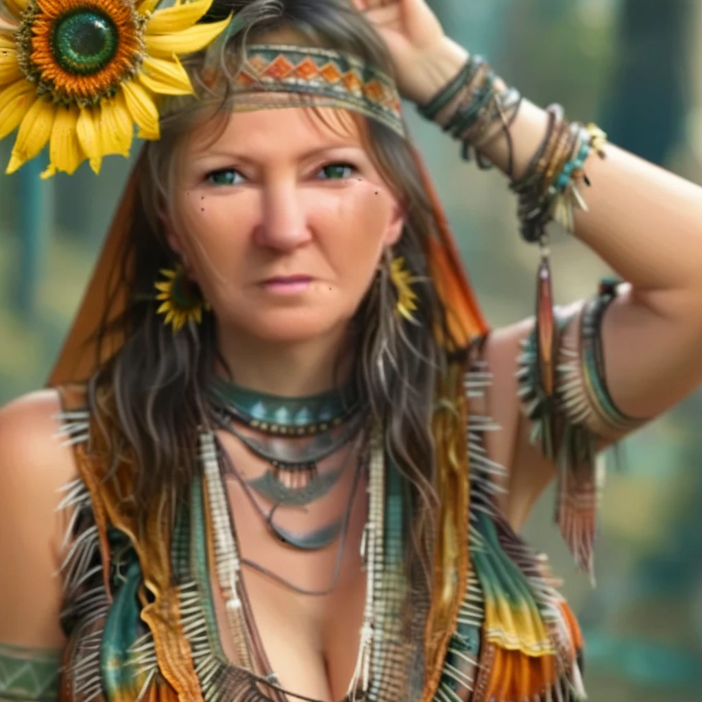 arm up, green eyes, mole, headband, 1girl, blurry background, sunflower, solo, bracelet, jewelry, large breasts, veil