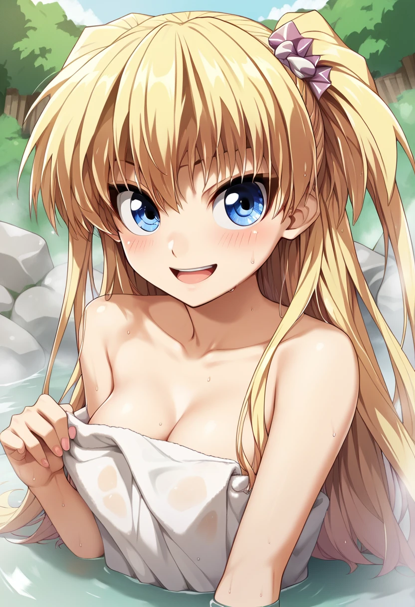 Life activities, ((One girl:1.5)),((hot onsen:1.5)),(masutepiece:1.2),,Outdoors,Best Quality,((Best Beautiful Girl)), High resolution, Unity 8k壁纸, (eradication))0.8), Perfect Lighting, extremely details CG, ( Perfectly structured wrist　Perfect Anatomy),model poses,Eyes open,(masutepiece:1.2), Best Quality, Fate Testarossa, 1girl in, Long hair, a blond,Twin-tailed, a black ribbon,((full :1.5)), Park, High resolution, Unity 8k壁纸, (Illustration:0.8), extra detailed face, Perfect Lighting, extremely details CG, (Perfect hands, Perfect Anatomy),masutepiece, Best Quality,red blush,((９years old:1.7))、((Expression of pleasure:1.5))tiny girl,Clean female genitalia,Dense female genitalia、((Naked soaking in a hot spring:1.8)),((small tits:1.8)),(('NSFW:2.0)