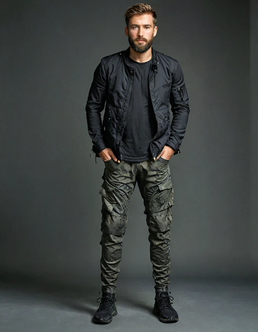 man with beard moderncasual, grey, realistic, shirt, olive camouflage pants, black jacket, black background, solo  <lora:Modern_Casual_Street_Style-000017:1>