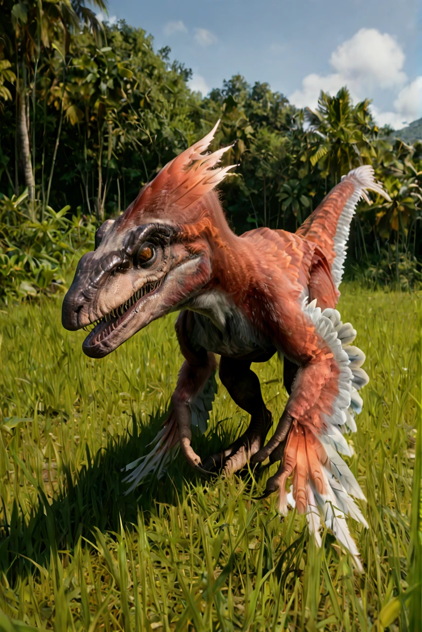 source_furry, score_9, score_8_up, score_7_up, (pyroraptor_jwe, dinosaur, feral), scalie, detailed scales, feathers, detailed feathers, red feathers, white feathers, multicolored feathers, feathered arms, yellow eyes, slit pupils, detailed eyes, teeth, sharp teeth, claws, digitigrade legs, tail, <lora:JWE_PyroraptorPony:0.8>, outdoors, standing, jungle, full body, look at viewer, sky, sunshine, zPDXL2, zPDXLpg, zPDXLrl, best quality, highly detailed, extreme details, masterpiece, photorealistic, hyperrealistic, ultra realistic, hdr, 4k, uhd, ray tracing, shaded