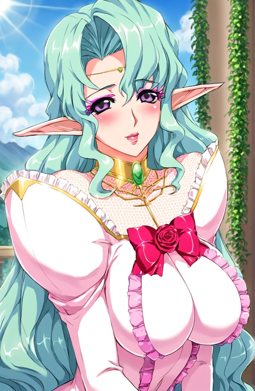 Arietta Elfinrine, delicated lady, beautiful lips, lipgloss, violet eyes, eyeshadow, teal hair, circlet, cross collar, white sheer mesh, pink ballgown with shoulders, big red ribbon with a rose at center on her chest, elbow gloves, thigh highs <lora:Arietta Elfinrine XL:1>