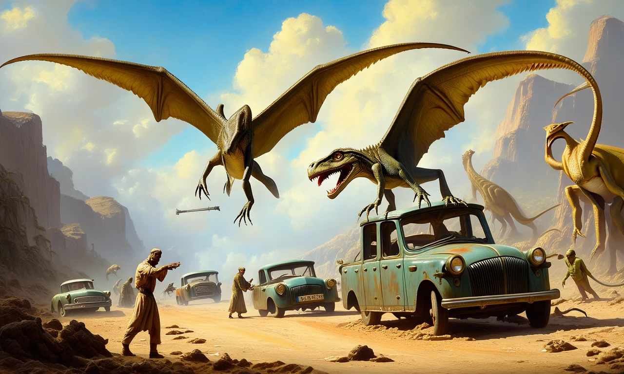 ancient human and flying reptiles interacting, traffic jam conflict, prehistoric setting, detailed, scientific illustration, high quality