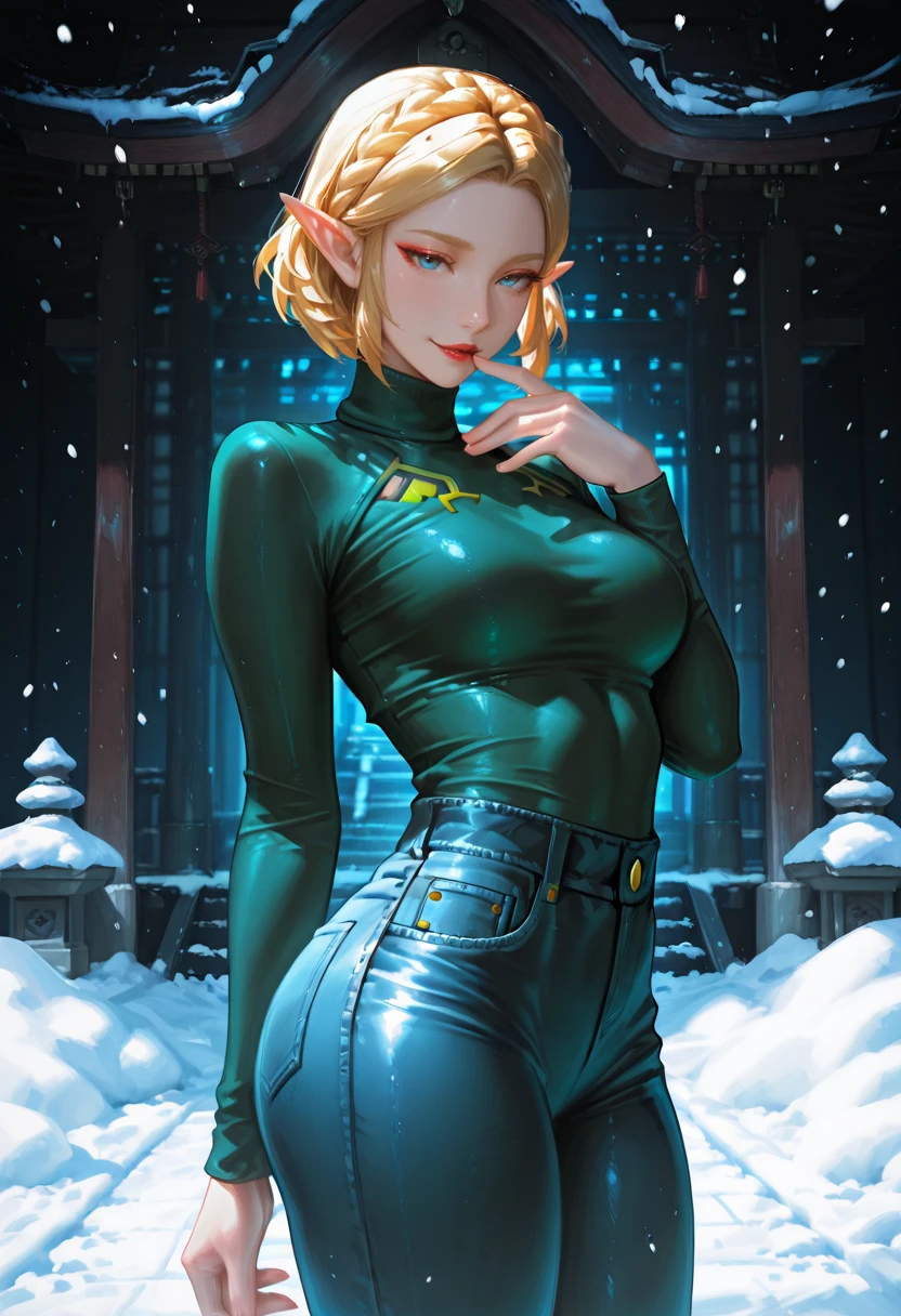 1girl, solo, (Legend_of_Zelda, Zelda, Legend of Zelda: 1.5), Tall, Curvy, (Blue Eyes: 1.3), (Red Lipstick: 1.3), (Medium breasts: 1.3), (Green Skintight Turtleneck Long Sleeve Shirt: 1.3), (Blue Denim Skintight Jeans: 1.3), (Black Converse Shoes: 1.3), (Standing, Seductive Pose, hand at mouth, hand resting on chest, at a shrine in japan, snow on the ground, snow falling from the sky at night under dark snow clouds: 1.3), Cowboy Shot: 1.3, Eyes half open, (seductive expression: 1.3), (Looking at VIewer), Dark Lighting, Lowkey Lighting, Dark Colors, highly detailed masterpiece, High_Resolution_Textures, (stunning design:1.2), (stunning concept design), Intricately_Detailed_design, Legendary_masterpiece, Realistic_texturing, ultra_soft_texturing, Complex_texturing, Insanely_Flawless_Details, Legendary_Details, Full_Color_scheme, Detailed_color_scheme, Complex_colors, Complex_details