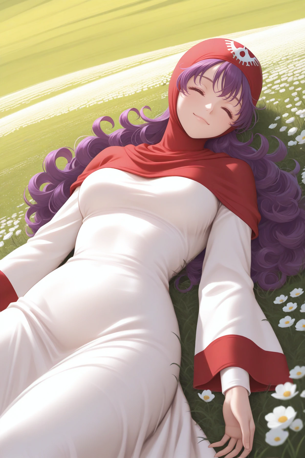 masterpiece, best quality, 1girl, solo, <lora:dqpom-illu-nvwls-v1-000005:1> dqPom, red hood, hood up, purple hair, curly hair, long hair, white robe, long sleeves, lying on back, field of flowers, grass, , closed eyes, smile