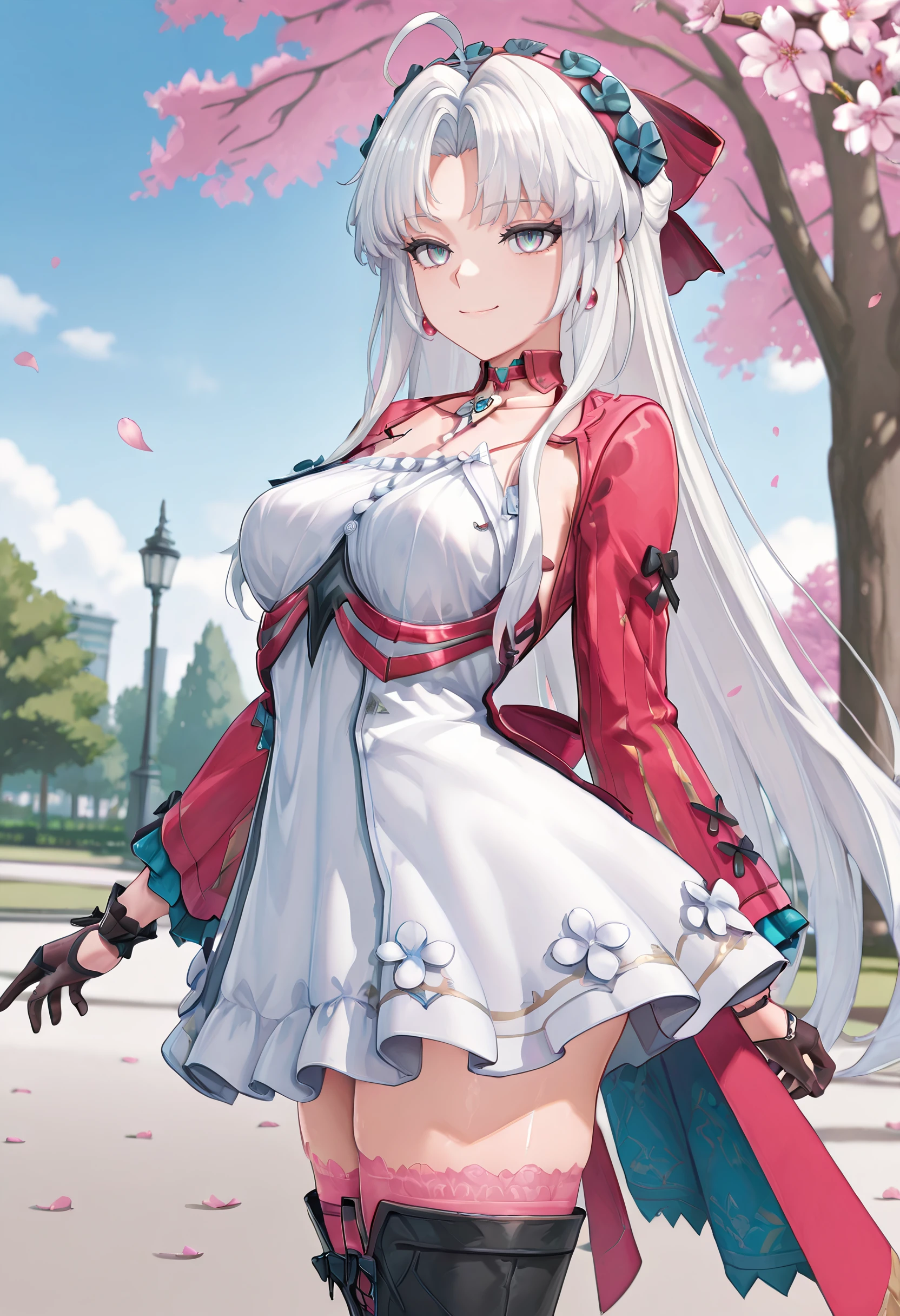 masterpiece,best quality,absurdres, amazing quality, very aesthetic, absurdres, shiny skin,
park, falling petals, cherry blossoms, cowboy shot, smile, medium breasts, from side,
<lora:CarlottaVP2-09:1> carlottavp2, 1girl, solo, white hair, long hair, parted bangs, blue eyes, dress, very long hair, gloves, black gloves, hair ornament, flower, ahoge, bow, white dress, pink thighhighs, collarbone, bare shoulders, jewelry, boots, hair bow, half gloves, sidelocks, gradient eyes, grey eyes, hairband, long sleeves, multicolored eyes, parted bangs, thigh boots,