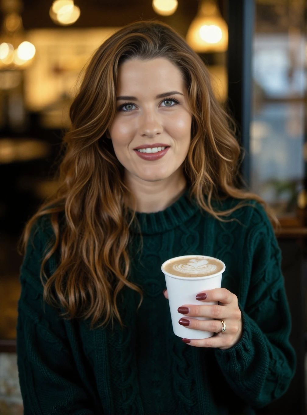 A professional photograph of Cathleen_Raymond wearing a dark green cableknit sweater in a cafe, holding a latte, auburn hair, detailed skin, bokeh, female focus, SFW <lora:Cathleen_Raymond_aka_Gabrielle_Scream:1>