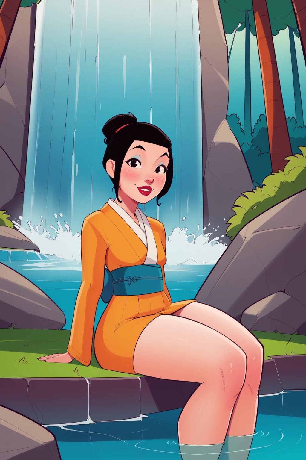 score_9, score_8_up, score_7_up, masterpiece, high quality, extreme detail, absurdres, (detailed skin texture) BREAK
<lora:MyBadBunnyPonyLyco:1.2>1girl, long hair, lipstick, uncensored, makeup, nose, lips, solo, age difference, lipstick, smile, looking at viewer,
kimono, hair bun, sitting, blush, smile, black hair, waterfall, forest, cowboy shot