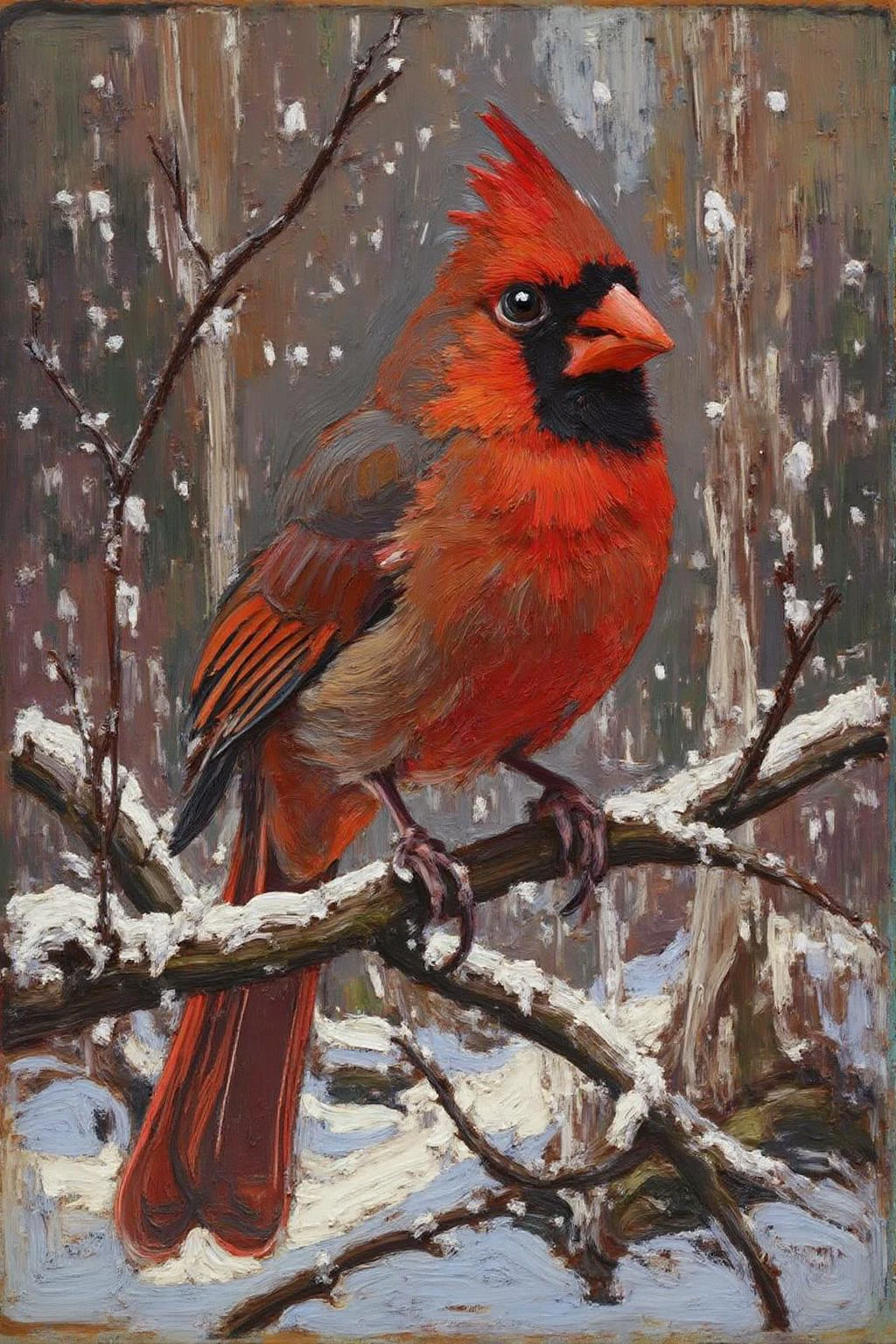 tomthom1 painting.
a red cardinal perched on a branch during a snowstorm <lora:tomthom1_cap_d6a3:1.0><lora:815406533635673460:0>