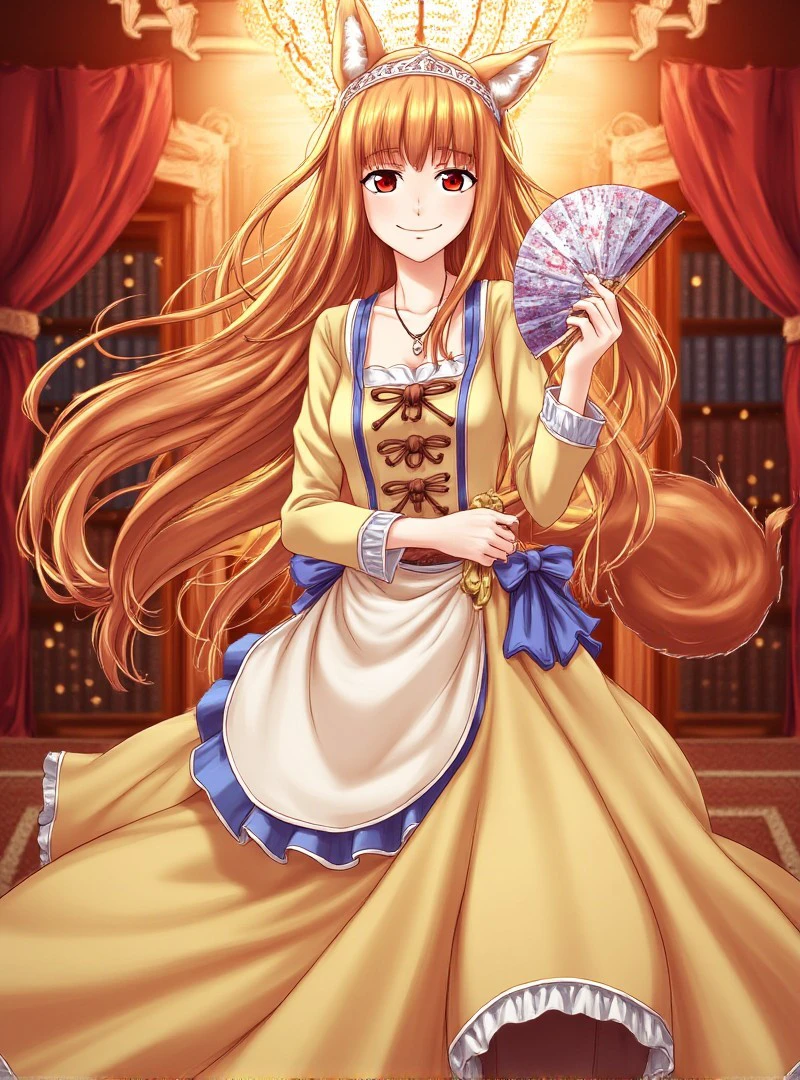 <lora:holo-the-wise-flux:0.95> Holo
Holo is portrayed in a stunning anime-style drawing, radiating elegance and charm as she stands in a luxurious room bathed in warm light. Her long, flowing brown hair frames her delicate face, cascading down her shoulders with a soft, natural wave. Her wolf-like ears, adorned with fluffy fur, add a touch of playful grace to her regal appearance. Her red eyes meet the viewer's gaze directly, their warm hue complementing the gentle smile that graces her lips.
She wears a beautiful yellow dress with a blue apron, detailed with frills and a bow that accentuates her poised demeanor. A tiara rests delicately atop her head, further emphasizing her noble aura, while a dainty necklace adorns her collarbone, adding a touch of refinement. In her hand, she holds a decorative fan, its intricate patterns matching the sophistication of her attire.
The background features an ornate room filled with red curtains and a richly stocked bookshelf, creating a luxurious and inviting atmosphere. The soft glow of the chandelier overhead enhances the warmth of the scene, casting light on the polished surfaces and plush fabrics that surround her. The composition centers Holo, her elegant attire and radiant expression drawing the viewer's attention.
This illustration masterfully blends Holo's playful charm with her regal elegance, capturing her in a moment of serene beauty. The intricate details in her clothing, accessories, and the opulent setting create a visually captivating piece that exudes sophistication and grace.