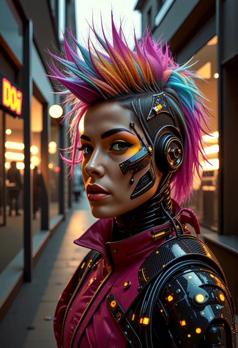 avantgardepunk style. Cutting-edge fusion of art, music, fashion, and technology featuring bold, colorful patterns, distorted proportions, abstract shapes, augmented mechanical enhancements. Include punk-inspired hairstyles, makeup, accessories, and an atmosphere of creativity and rebellion. at sunset, a cyberpunk_2077 person stands proudly outside a futuristic D&G-style boutique, sleek carbon fiber mechanical arms, atmospheric perspective, hairstyle a riot of colorful spikes and dye, augmented enhancements visible, glowing circuits and fiber-optic strands and LEDs of pulsing with energy, and explosion of creative chaos, vibrant colors and bold outlines, style of Wayne Barlowe meets Jean-Paul Goude,  <lora:art and styles/MysticFantasy.safetensors:1.0>, <lora:wlop:0.8>,<lora:flux_trainer/fluxPunk_v11>