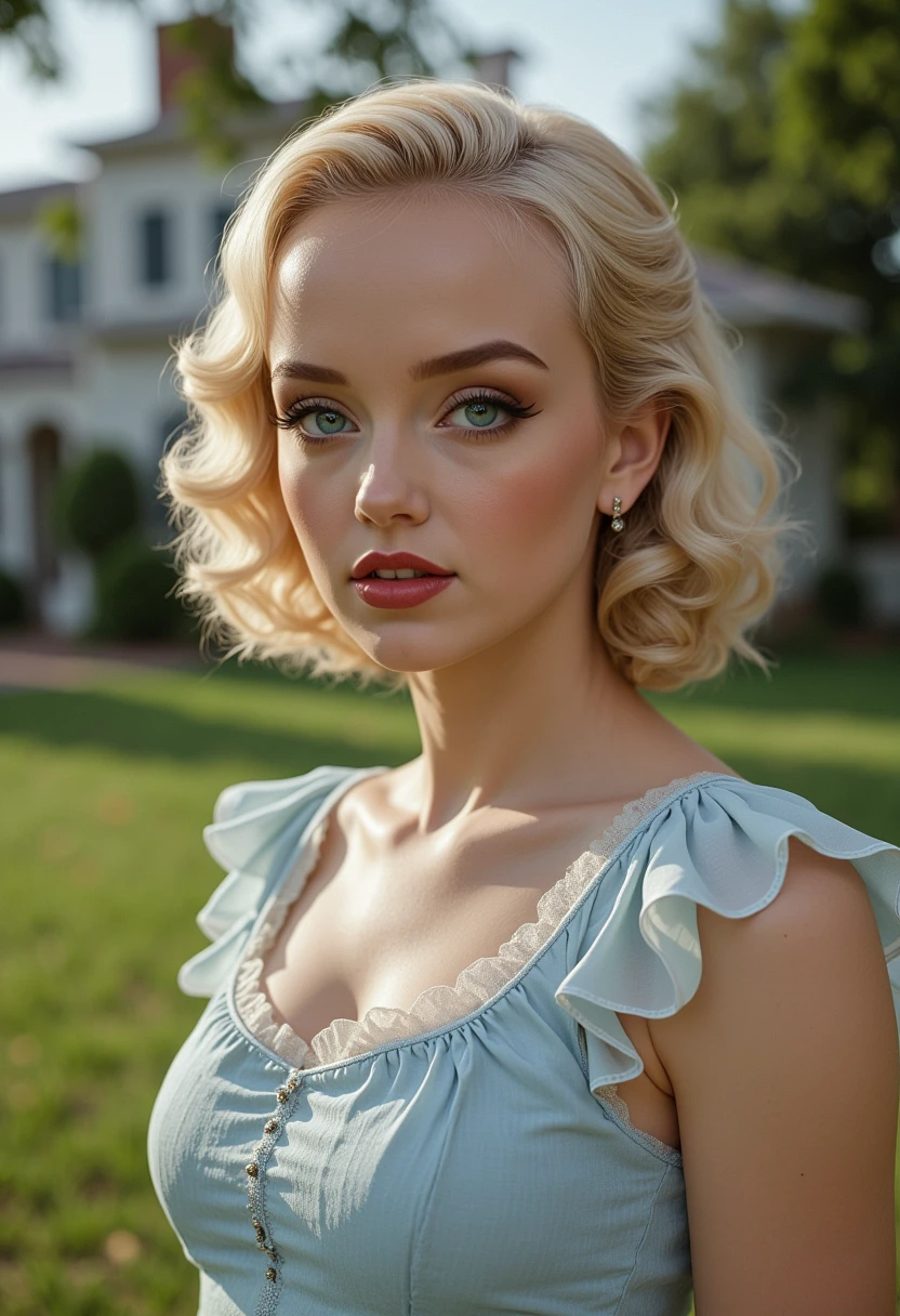 full body view, dyamic angles, multiple angles, she is looking at the camera, with adoration, retro50s_style, photoshoot poses; the image is a portrait of a S0phi@V2. she is standing. She has blonde hair. she has piercing eyes. She is cospplaying as Scarlett O'Hara from the movie gone with the wind, the a light blue frilly dress dress hangs past her knees. white high heels. She has happy look on her face. she is laughing with her mouth open. She is outdoors, standing with a plantation mansion in the background. The overall mood of the image is happy.RAW candid cinema,16mm,color graded portra 400 film,remarkable color,ultra realistic,textured skin,remarkable detailed pupils,realistic dull skin noise,visible skin detail,skin fuzz,dry skin,shot with cinematic camera,detailed skin texture,(blush:0.2),(goosebumps:0.3),subsurface scattering,beautiful photograph in the style of Augustus John,Sergio Toppi,Virginia Frances Sterrett,8k HD,detailed skin texture,ultra realistic,textured skin,analog raw photo,cinematic grain,whimsical.perfection style, looking at the Camera, looking at the Camera, looking at the Camera,aidmafluxpro1.1