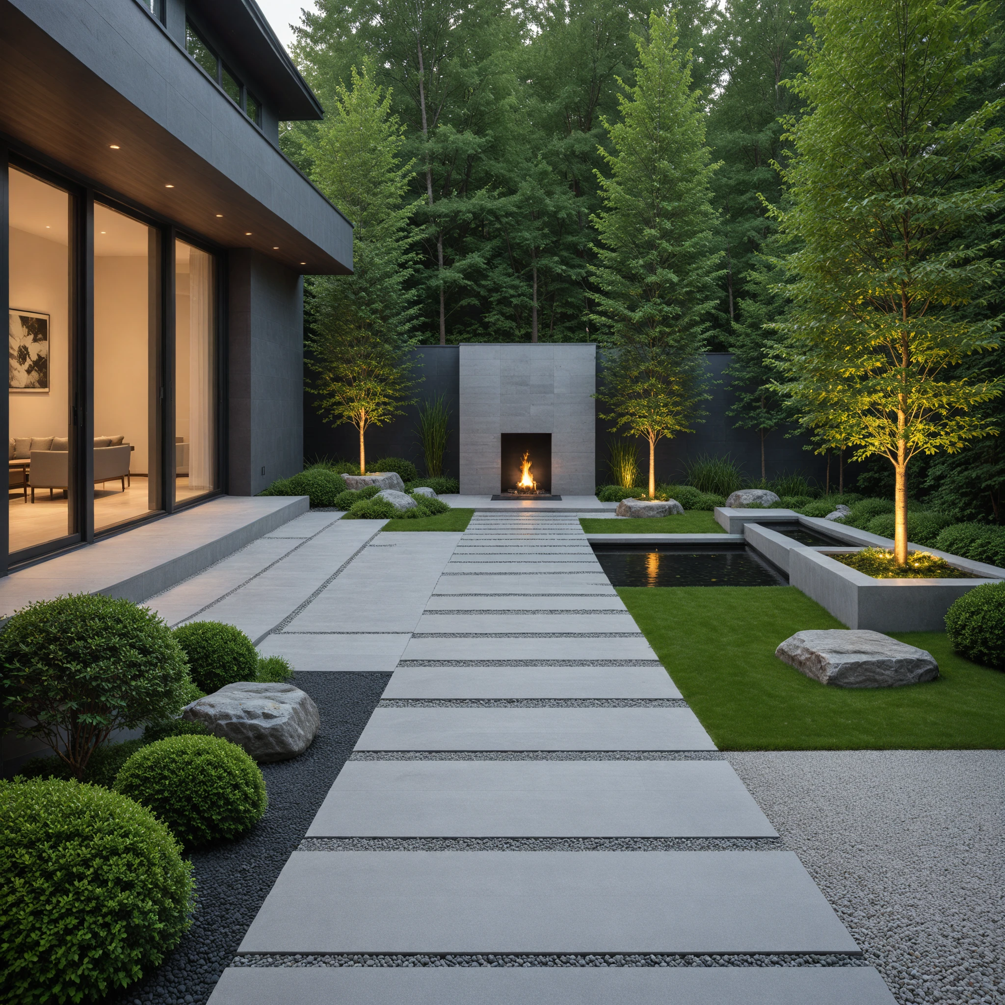 cinematic film still Masterpiece,Extreme,HDR,UHD,8K,Extreme,Masterpiece,Highly Detailed,Studio Lighting,Sharp Focus,HDR-based Rendering,Extreme Lighting,Beautifully Composed,In this modern courtyard design,a black villa is nestled within a secluded forest,creating a tranquil and mysterious atmosphere. The villa is surrounded by layers of dense woodland,forming a natural barrier that brings a sense of privacy. The courtyard features a cozy seating area,with a warm fireplace at its center,where stone materials blend seamlessly with lush plants,enhancing the space's natural vibe. Hard lighting highlights every detail,while the creatively tiered water features and waterfalls flow gently,complemented by the texture of gravel and a rich array of plant life,creating a space that is both layered and full of Zen-like serenity.,The overall layout of the space has been meticulously designed to offer comfortable proportions and multifunctional areas,perfect for relaxation and unwinding. Stairs and uniquely shaped pine trees are interspersed throughout,adding charm and a natural touch. The cohesive black color palette harmonizes with the modern water features,bestowing the entire landscape design with a sense of luxury while maintaining a warm ambiance,making it an ideal tranquil retreat,<lora:Missa_ç°ä»£å«å¢åº­é¢æ¯è§_V2.0_Final:0.5>, . shallow depth of field, vignette, highly detailed, high budget, bokeh, cinemascope, moody, epic, gorgeous, film grain, grainy