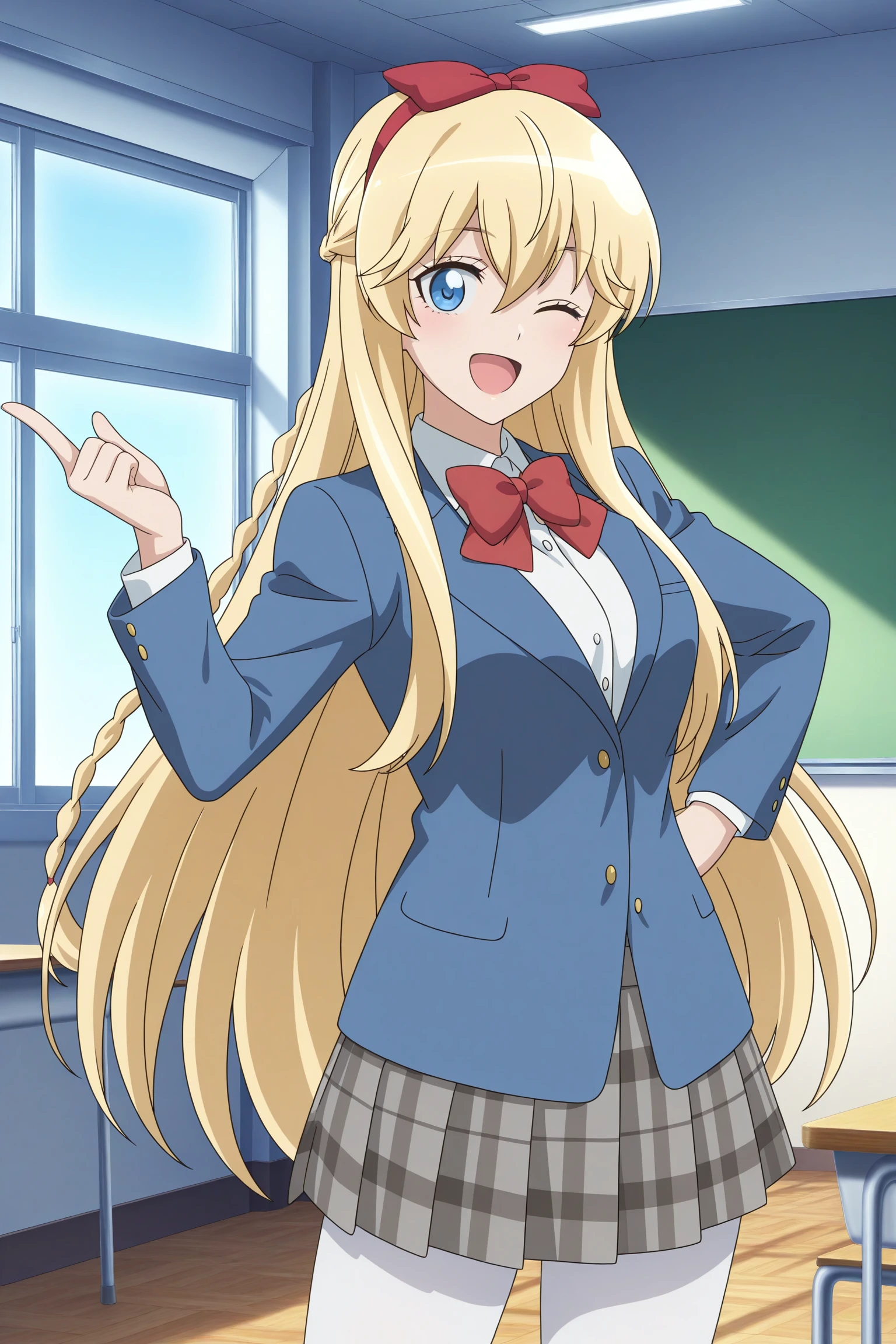 masterpiece, best quality, amazing quality, highres, absurdres, very aesthetic, high resolution, ultra detailed, perfect details, 1girl, solo, indoors, classroom, day, emilia, blonde hair, very long hair, long braid, half up braid, bow hairband, blue eyes, long sleeves, blue jacket, red bowtie, white shirt, collared shirt, grey skirt, plaid skirt, pleated skirt, white pantyhose, loafers, <lora:Emilia_ILXL:0.8>, (aged up:1.2), (cowboy shot:1.4), anime coloring, anime screencap, looking at viewer, (pose:1.2), smile, wink, open mouth