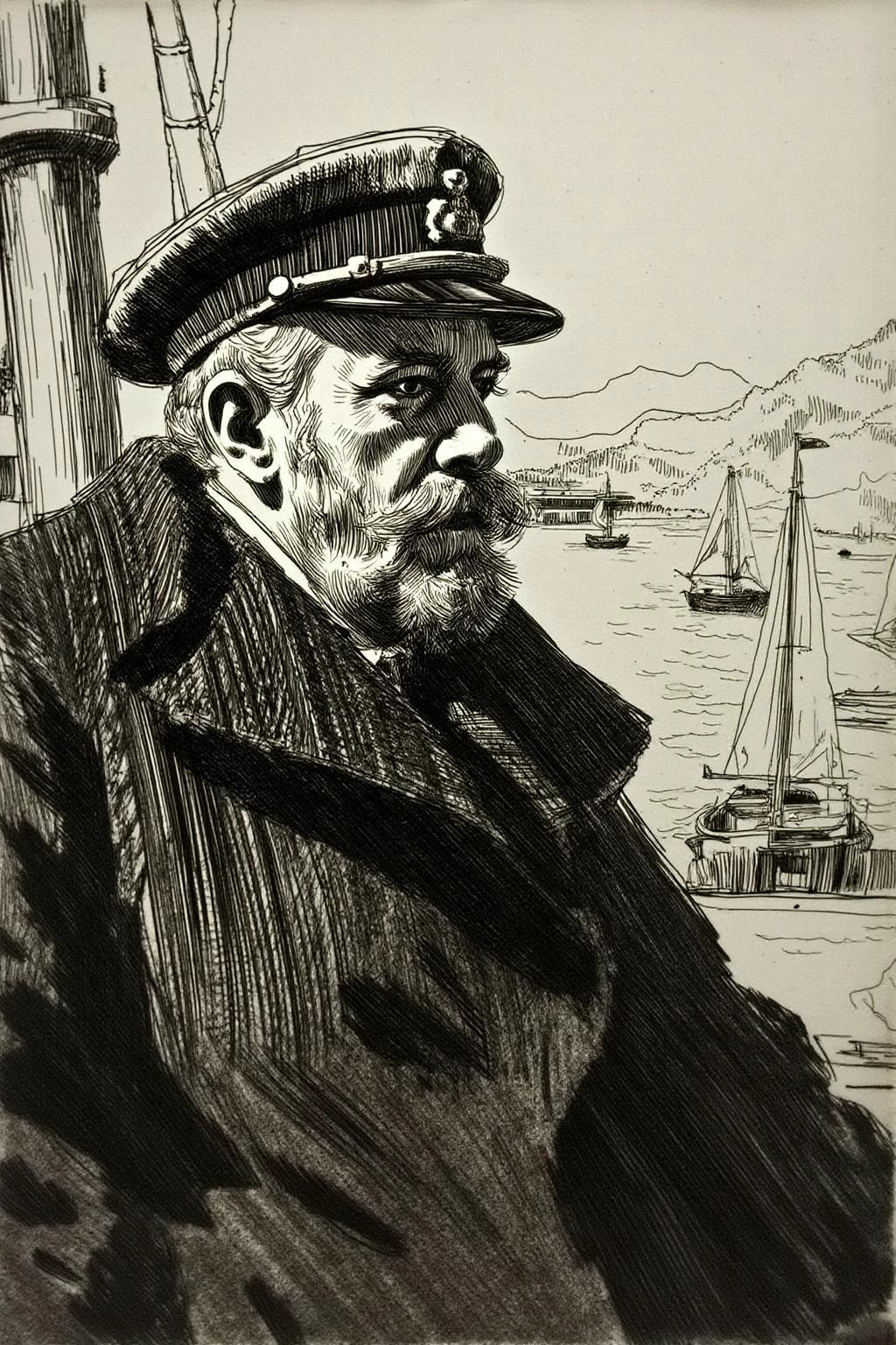 anzo1 black and white etching.
A bearded old sailor. The artwork features a detailed, textured, and slightly sketchy style typical of the medium. The sailor, positioned in the left half of the image, is depicted in profile, gazing slightly to the right. He wears a traditional naval cap adorned with a badge or insignia, and a thick, bushy beard and mustache. His expression is contemplative and stern. He is dressed in a dark, heavy coat with a white pocket square visible on his chest.
The background reveals a serene, slightly stylized seascape with several small boats and a distant shoreline. <lora:anzo1_nocap_d6a3:1.0><lora:815092511396794601:0>