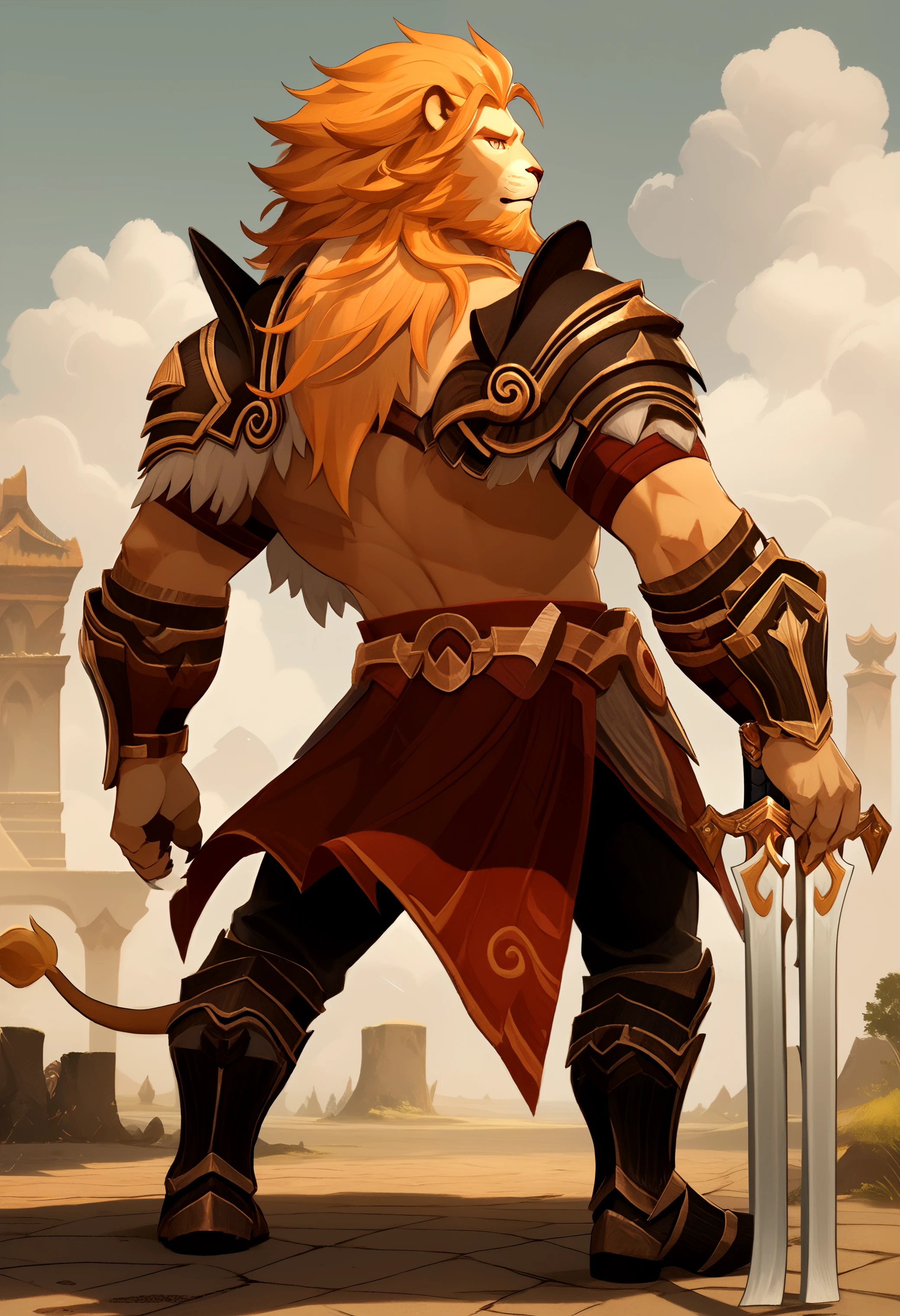 score_9, score_8_up, score_7_up, 8k, detailed design, detailed background, detailed characters, masterpiece, anthro only, furry only,  <lora:BrutusAFK_Arena-000001>, brutus, orange hair, leg armor, weapon, lion ears, lion boy, pants, brown fur, beard, loincloth, sword, armor, 1boy, lion tail, facial hair, belt, gauntlets, shoulder armor, boots, back view, back,