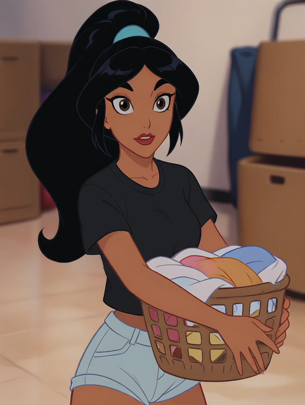 masterpiece, high quality, princess-jasmine, ponytail, black t-shirt, light jean shorts, carrying full laundry basket, neutral expression, cluttered room <lora:wainsfw-princess-jasmine-200-64:1.1>
