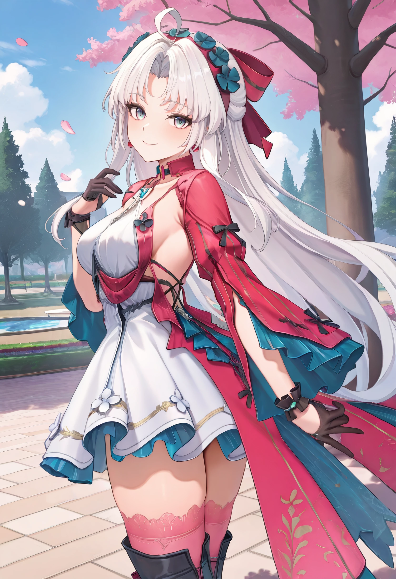 masterpiece, best quality, amazing quality, very aesthetic, absurdres, best quality, newest,
park, falling petals, cherry blossoms, cowboy shot, smile, standing, looking at viewer, medium breasts, looking back, from behind,
<lora:CarlottaVP2-09:1> carlottavp2, 1girl, solo, white hair, long hair, parted bangs, blue eyes, dress, very long hair, gloves, black gloves, hair ornament, flower, ahoge, bow, white dress, pink thighhighs, collarbone, bare shoulders, jewelry, boots, hair bow, half gloves, sidelocks, gradient eyes, grey eyes, hairband, long sleeves, multicolored eyes, parted bangs
