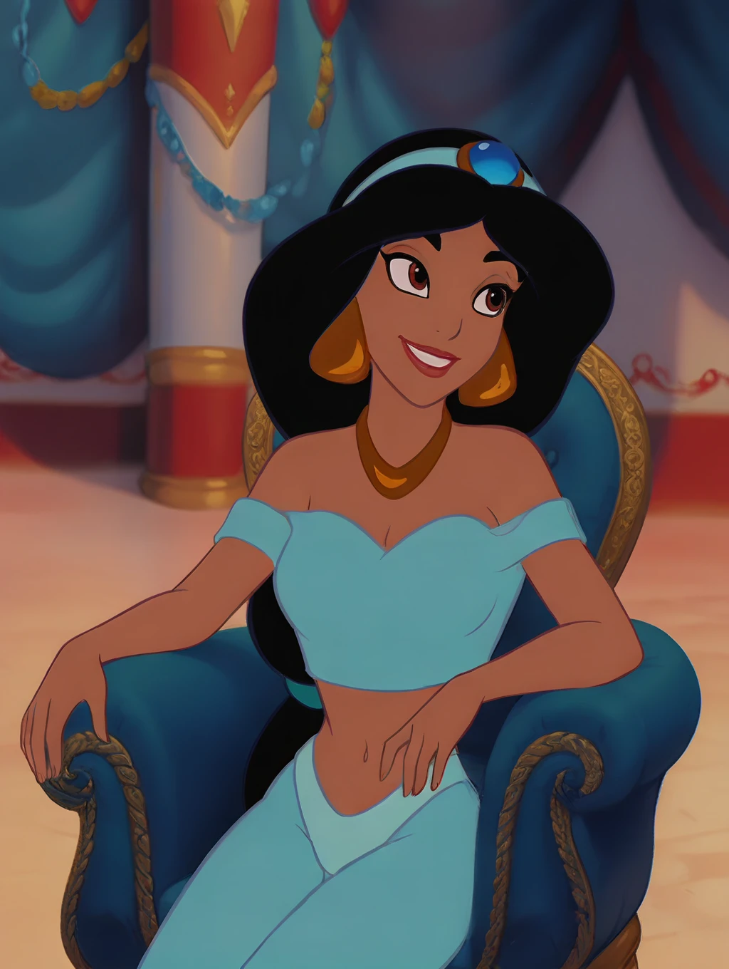 princess-jasmine, blue outfit, blue headband, chunky gold earrings, blue hair ties, thick gold necklace, plush chair, palace setting, ornate decorations, looking left, smiling, amused  <lora:wainsfw-princess-jasmine-200-64:1.2>